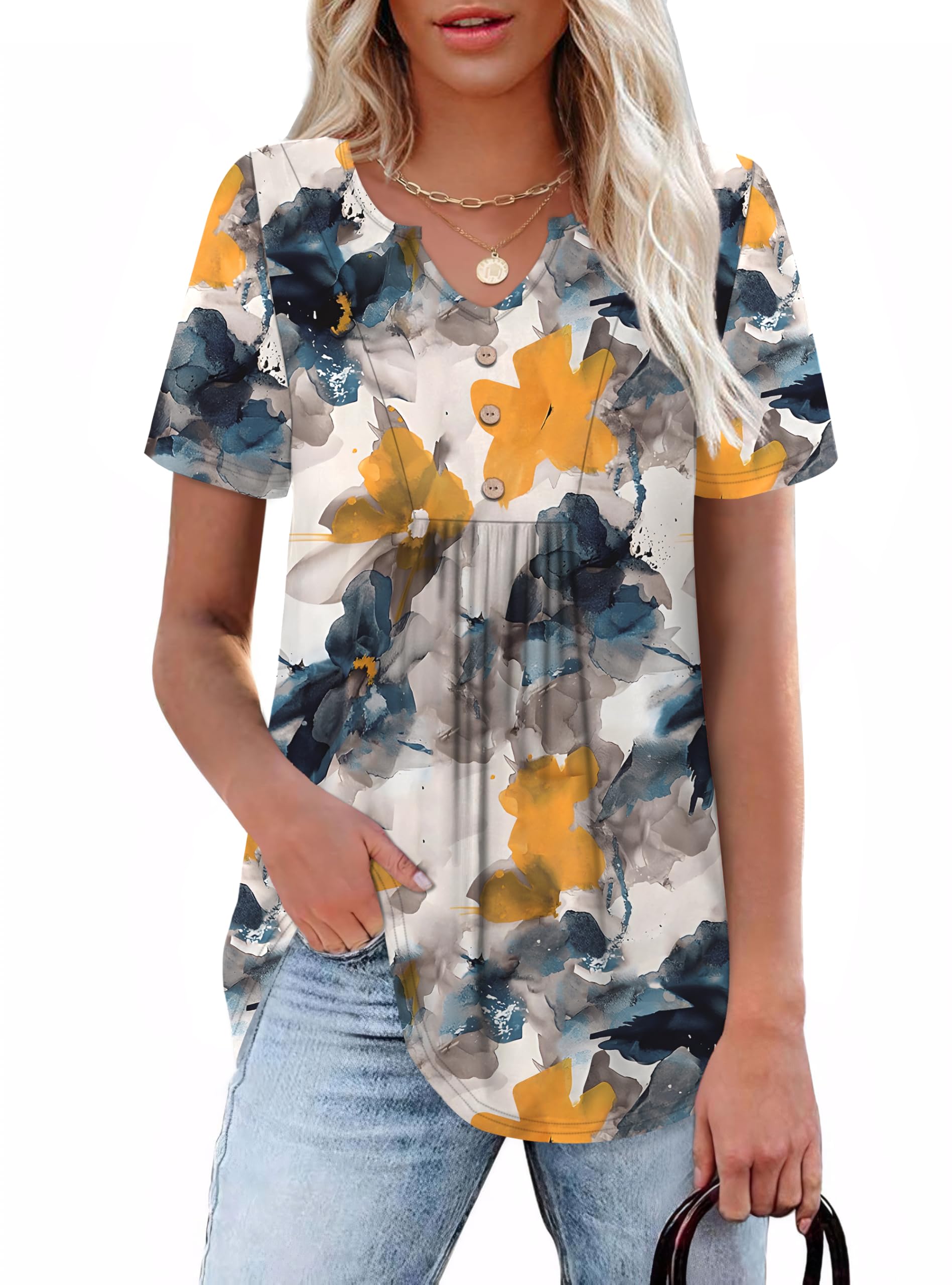 WIHOLL Women Summer Tops Short Sleeve Shirts V Neck Button Dressy Casual Pleated Blouses Fashion Outfits