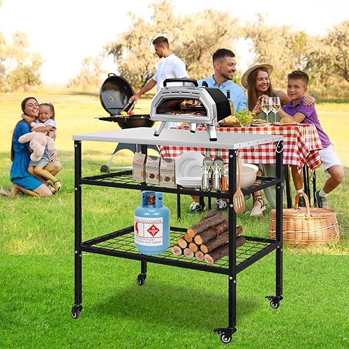 Miniatura 6 de Soporte para horno de pizza, mesa para parrilla al aire libre, carrito de mesa para horno de pizza con ruedas y ganchos, carrito de pizza de acero
