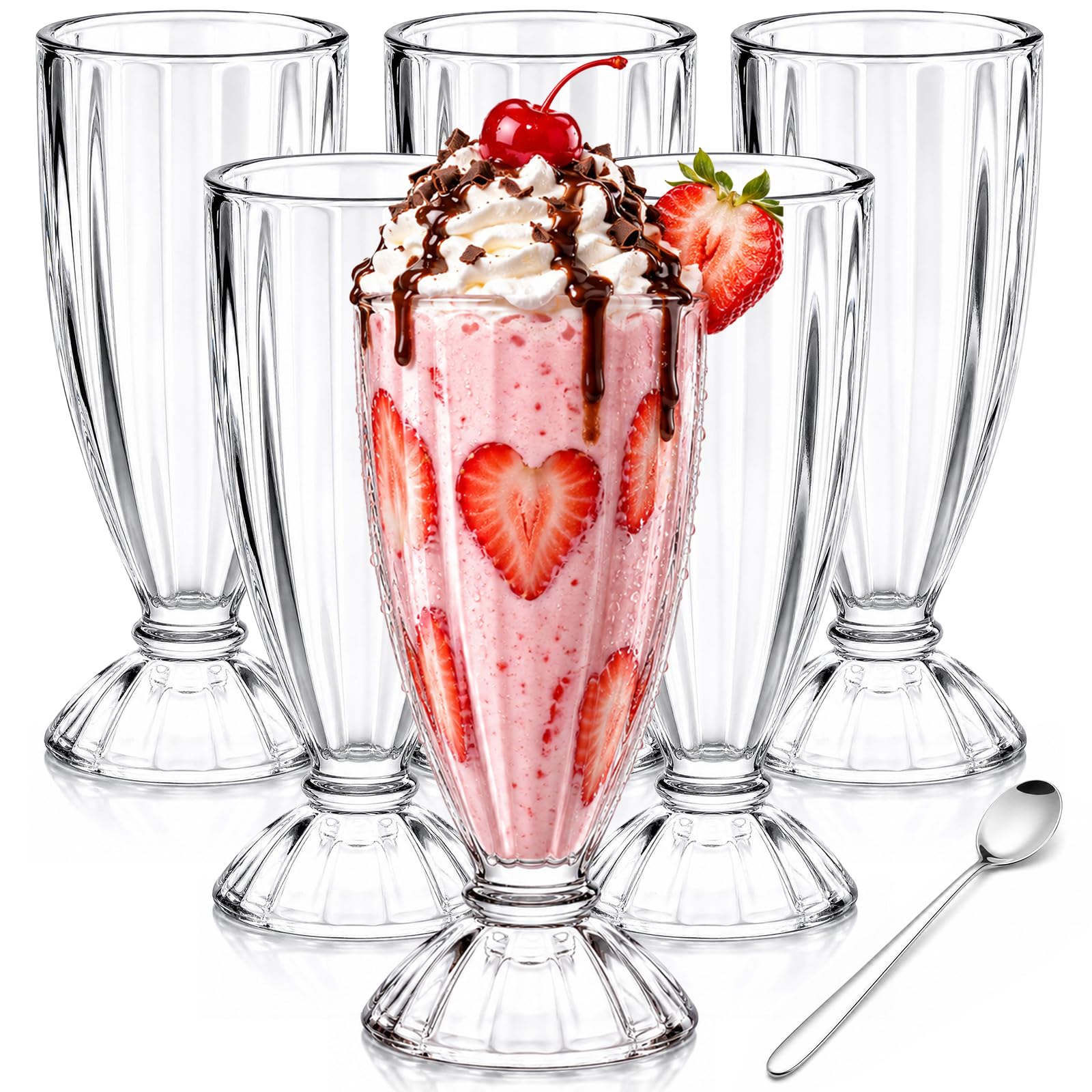 WUWEOT 6er Eisbecher Glas Set 350ml mit 6 Langen Löffeln Topkapi Gläser Milchshaker Glas Schmal Eiskaffeebecher Klassisches Brunnenglas Dessertgläser Meerzwerk für Eis Dessert Getränke Cocktails Party Küche, Haushalt & Wohnen