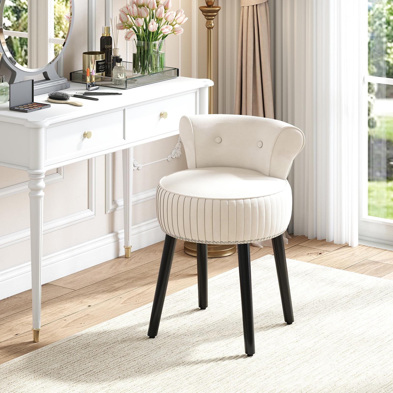 GIANTEX Silla para Tocador, Taburete de Maquillaje con Respaldo, Silla Acolchada de Terciopelo con Patas de Madera de Caucho, Sillón Moderno sin Brazos para Dormitorio Vestidor Sala de Estar (Beige)