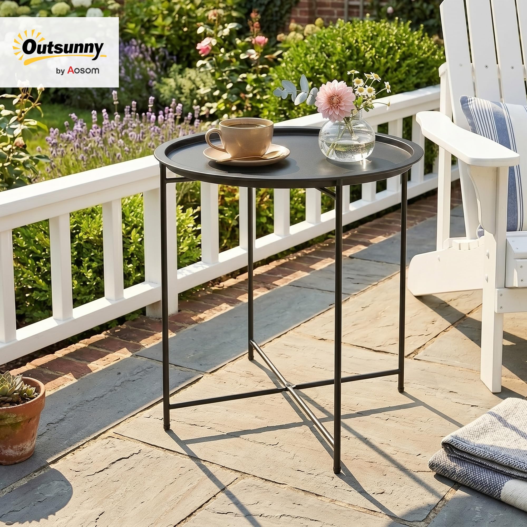 Outsunny Tavolo da Giardino Rotondo in Acciaio Ø46 cm con Vassoio Rimovibile e Gambe Pieghevoli Nero