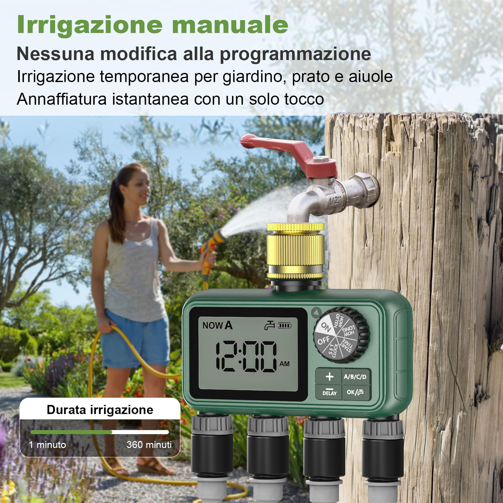 Centralina Irrigazione 4 Vie con Ingresso in Ottone, Grande Display LCD, Computer Giardino Irrigazione Timer, Timer Irrigazione Automatica con Ritardo Pioggia per Automatica e Manuale per Prato