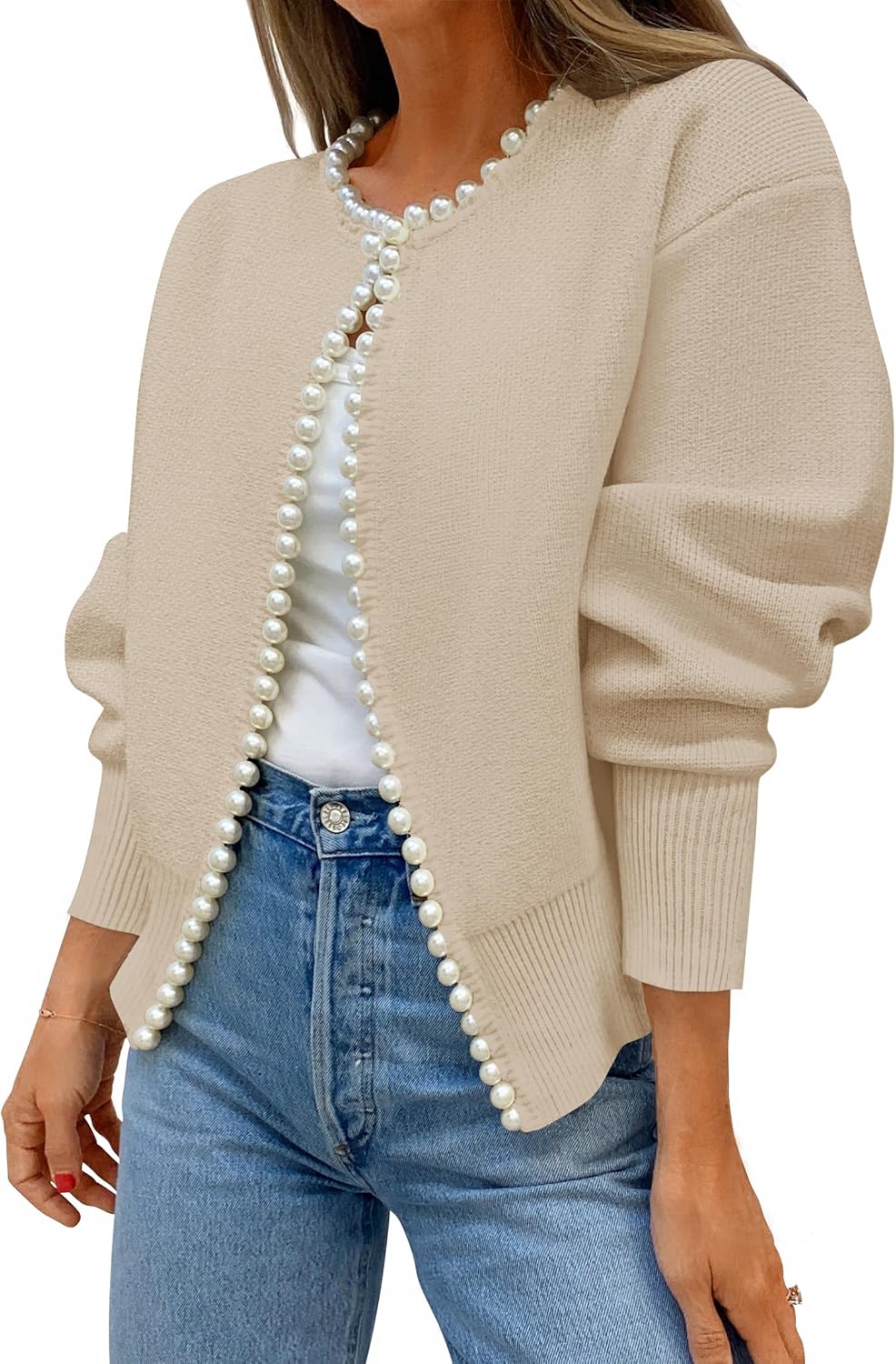 ZESICA Women's Open Front Cardigan Sweater 2026 Spring Casual Knitted Long Sleeve Pearls Trim Outerwear Coat Trendy Clothes