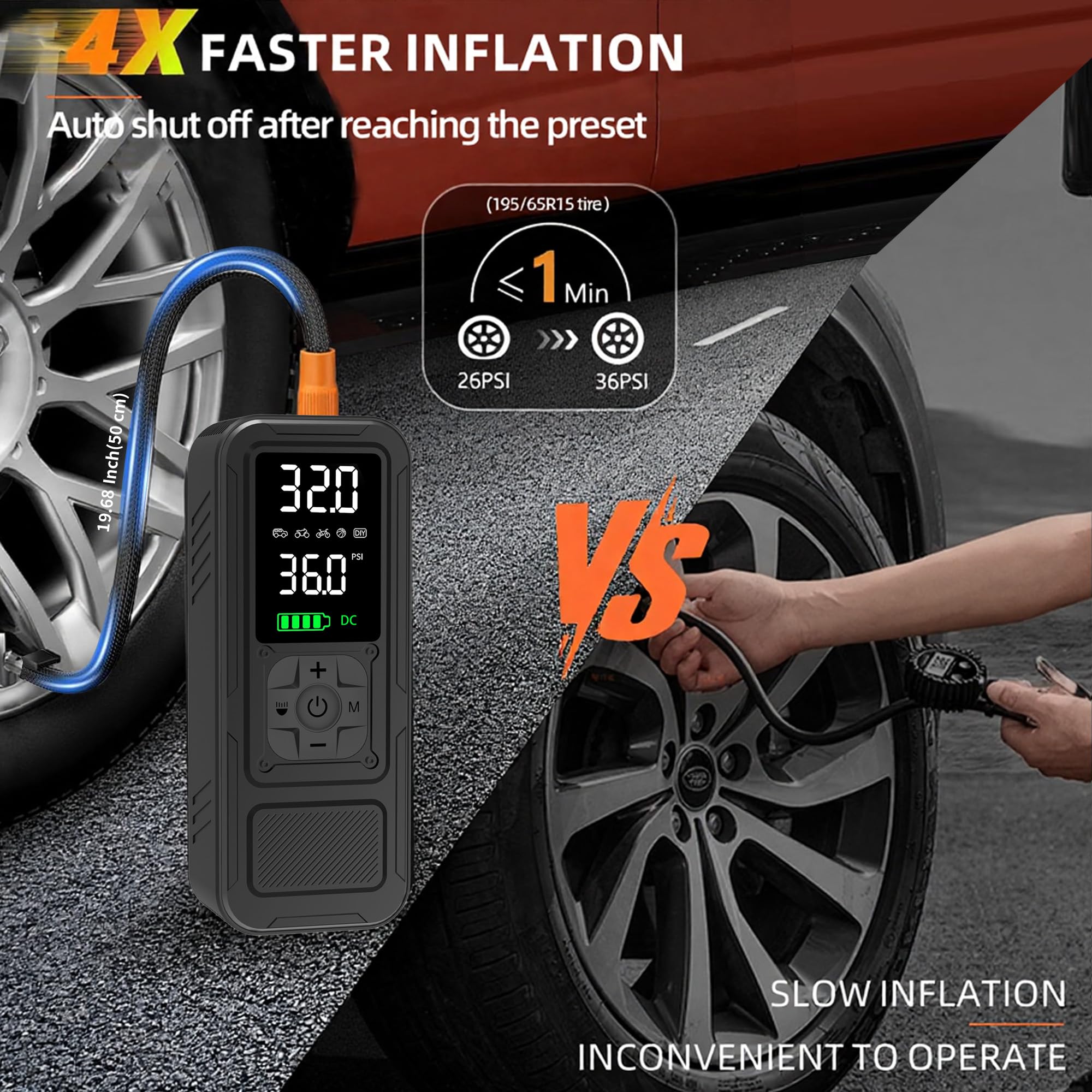 Tragbarer Luftkompressor, 4 x schnelleres Aufblasen, 12 V DC/schnurlos, 150 PSI Luftpumpe für Autoreifen mit digitalem Manometer/LED-Licht für Auto, Motorrad, Fahrrad, Ball