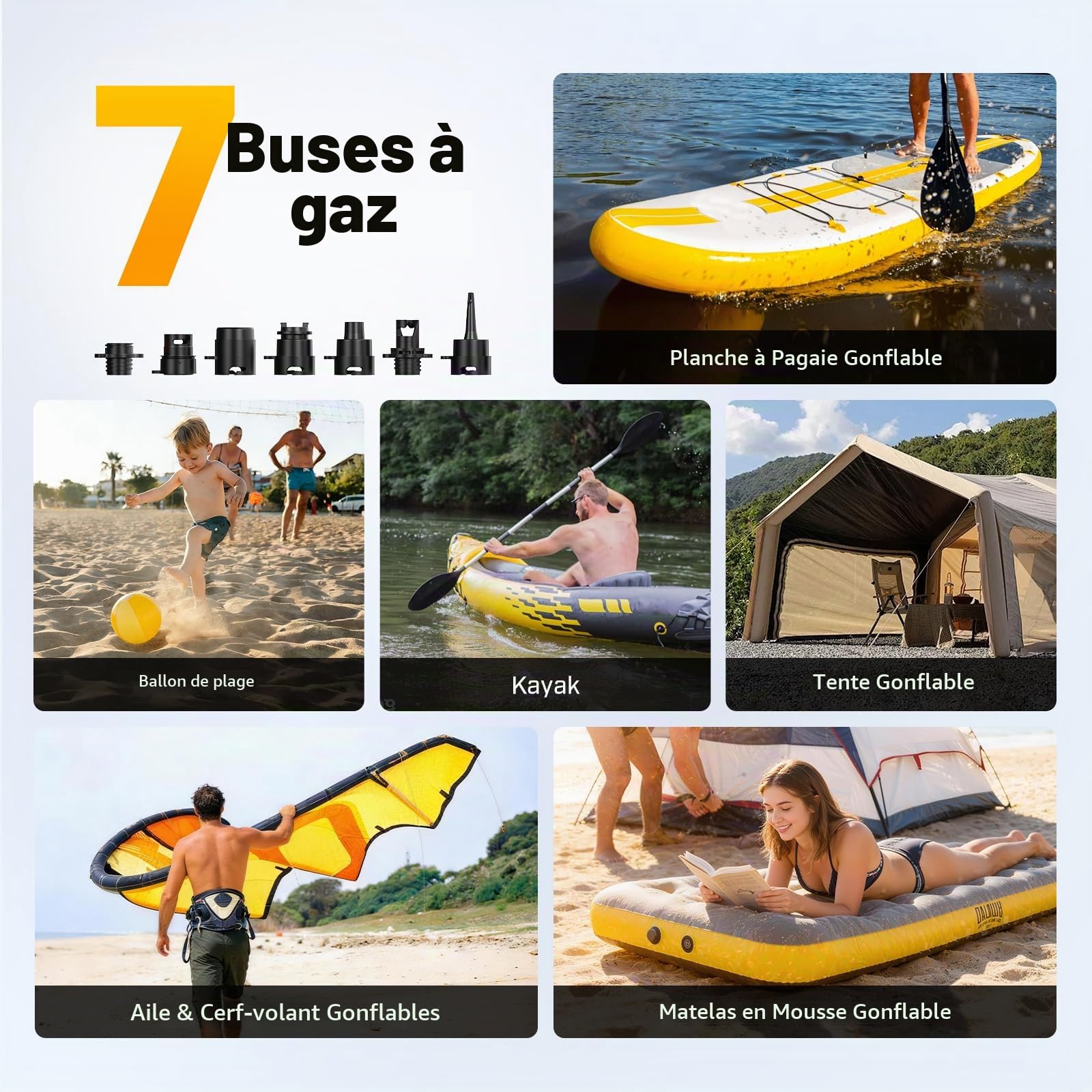 TOPUMP Pompe Électrique pour Paddle sans Fil 20PSI à Batterie | Portable, Rechargeable, gonflage rapide, deux étages, gonflage et dégonflage, arrêt automatique, 7 buses, pour SUP, kayak