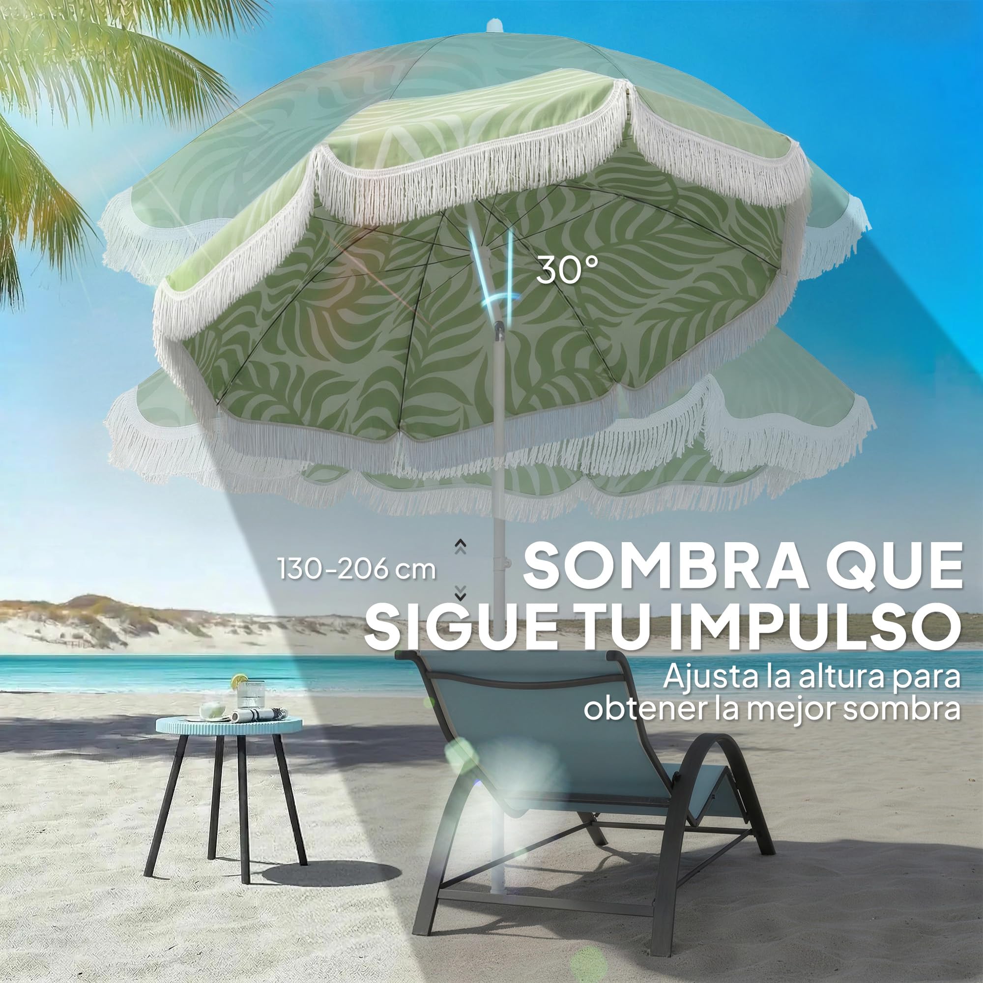 Outsunny Sombrilla de Playa con Flecos Ø180 cm con Inclinación Verde | Sombrilla de Terraza Exterior, Altura Ajustable, Anclaje Arena, Bolsa de Transporte, UPF30+, Estampado de Hojas