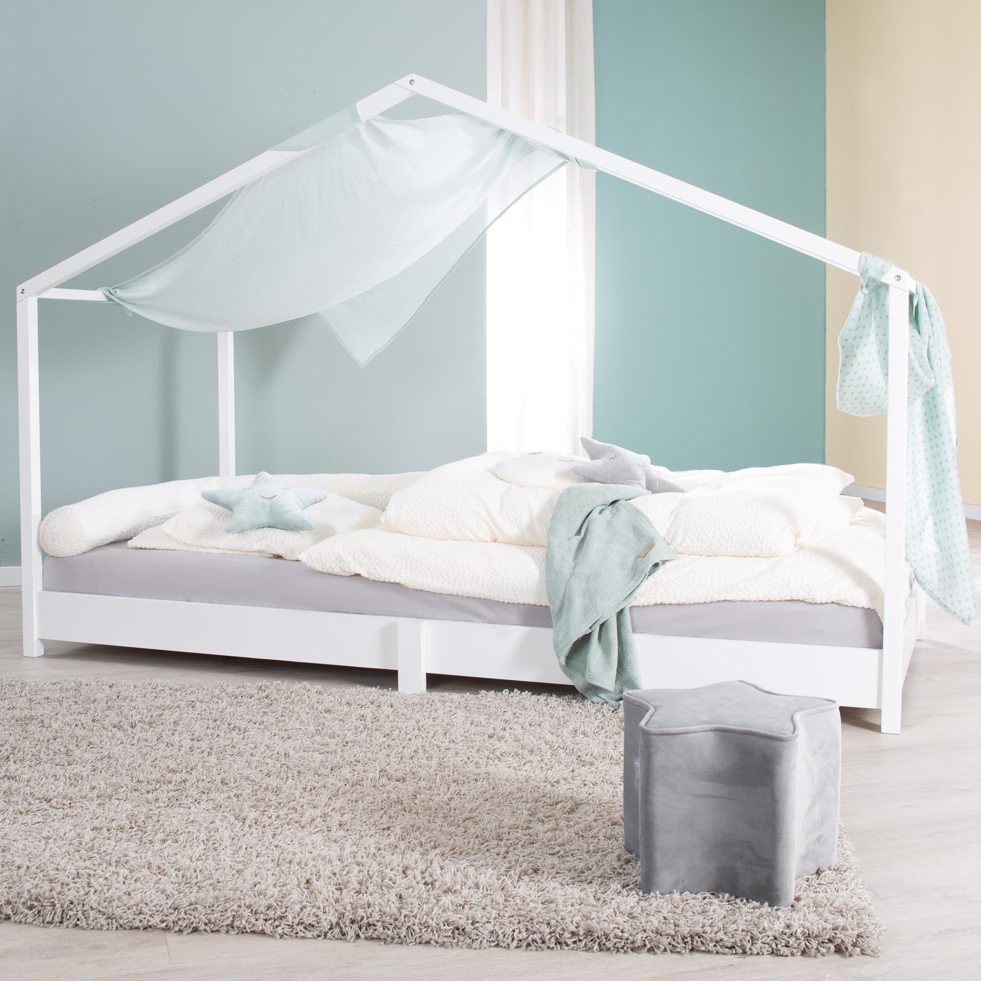 roba Cama de casa 90 x 200 cm para niños - Cama baja según el principio Montessori - Ampliable con somier, colchón y funda de cama - Madera lacada en blanco