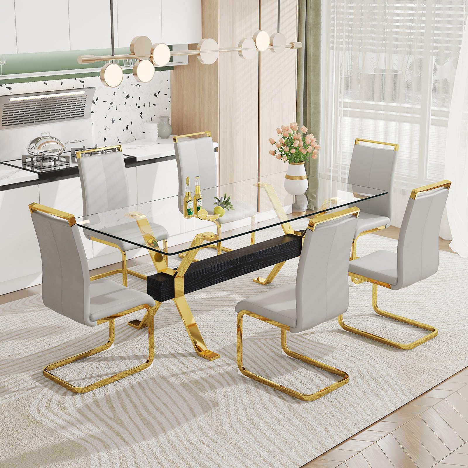 Pvillez Glass Dining Table Set for 6, 7 Piece Dining Room Table Set,78" Modern Large Glass Kitchen & Dining Room Table w/Golden Metal Legs & Black MDF Crossbars &6 Light Grey PU Leather Dining Chairs