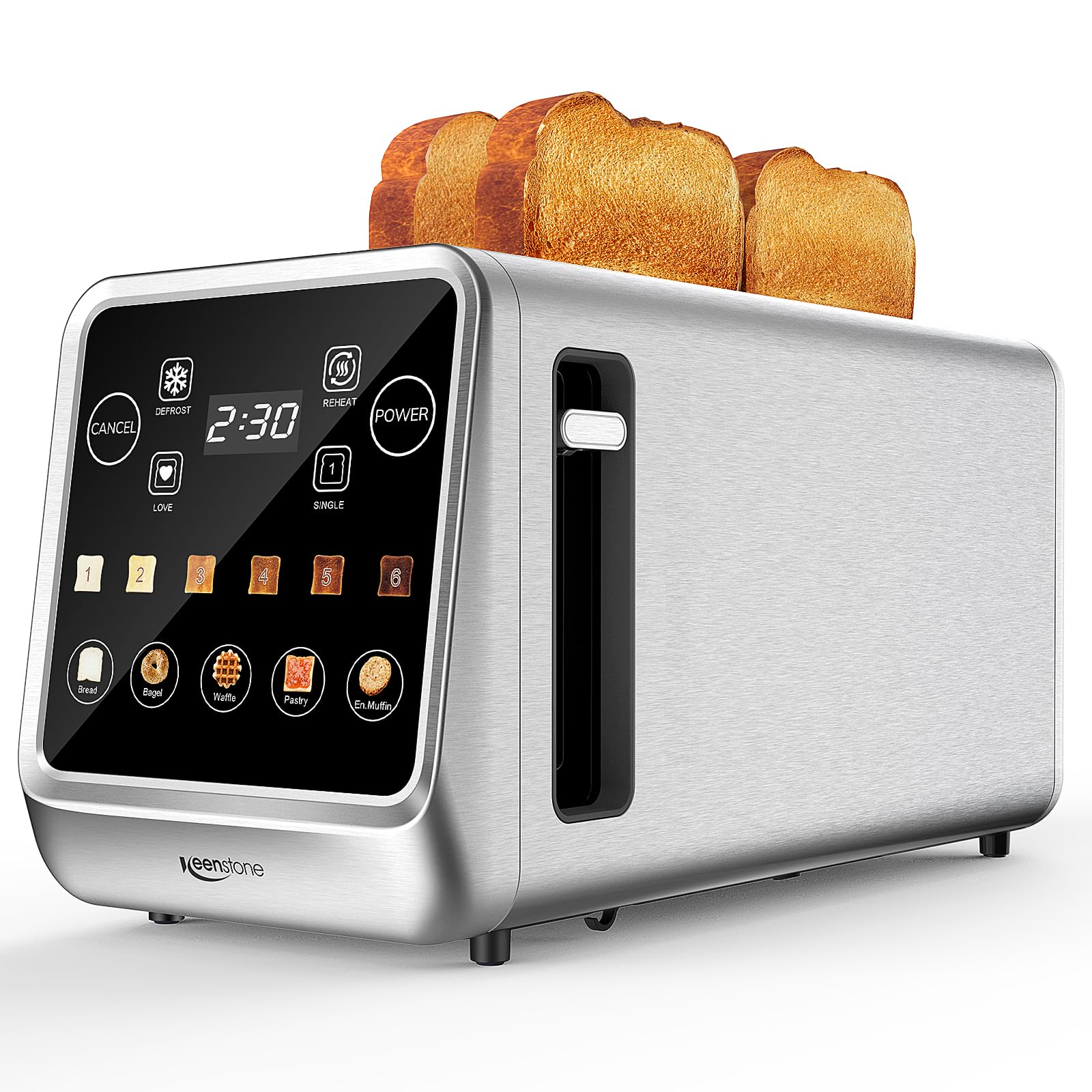 Keenstone Toaster 4 Scheiben, LED Display Touchscreen mit Memory-Funktion, Single-Slice-Technologie, Timer, Auftau- & Aufwärmfunktion, 6 Bräunungsstufen, 5 Brotprogramme, Krümelschublade, Edelstahl