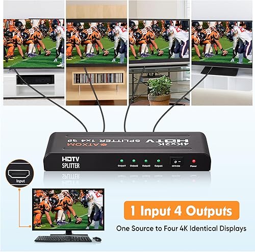 Miniatura 7 de ATXOM Divisor HDMI 1 en 4 salidas - Pantalla HDMI 1x4 duplicadaespejo - Divisor alimentado Full HD 1080P, 4K - Una fuente a cuatro pantallas