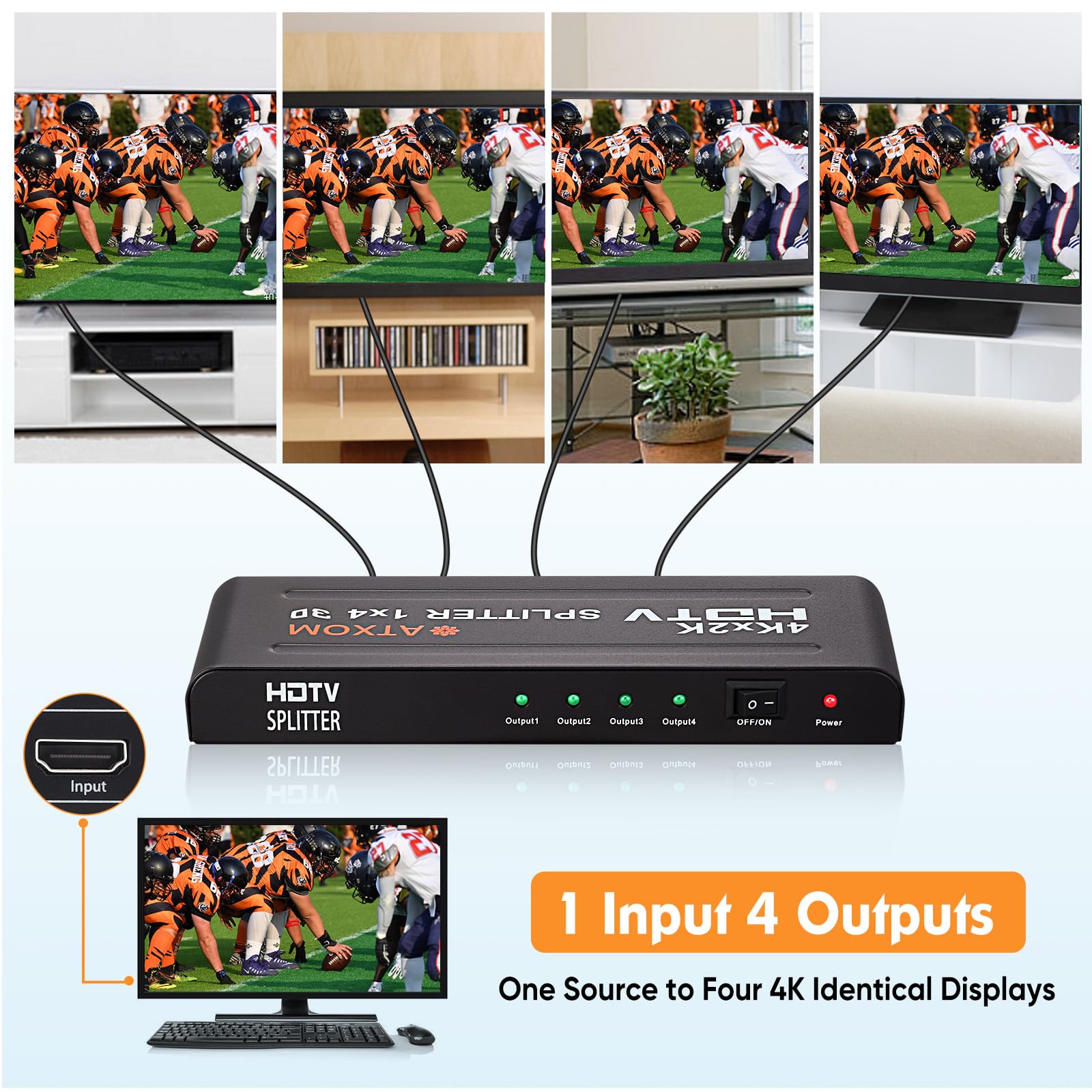 Répartiteur HDMI 1 entrée 4 sorties – 1 x 4 HDMI dupliqué/miroir – Répartiteur alimenté Full HD 1080p, 4K – Une source vers quatre écrans identiques