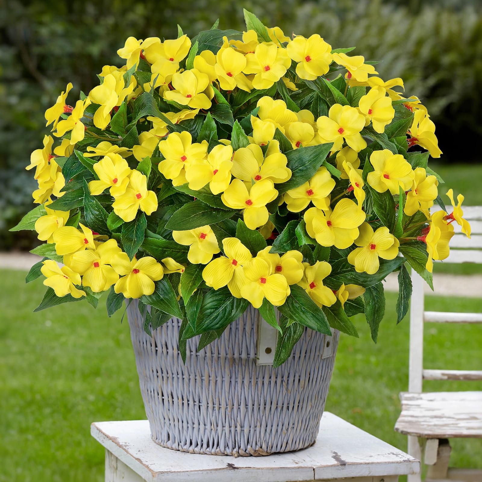 Besteek 5 Pcs Artificial Flowers for Outdoors Silk Impatiens Flowers Bouquet Decorations Fake Faux Plants UV Resistant for Spring Summer Garden Porch