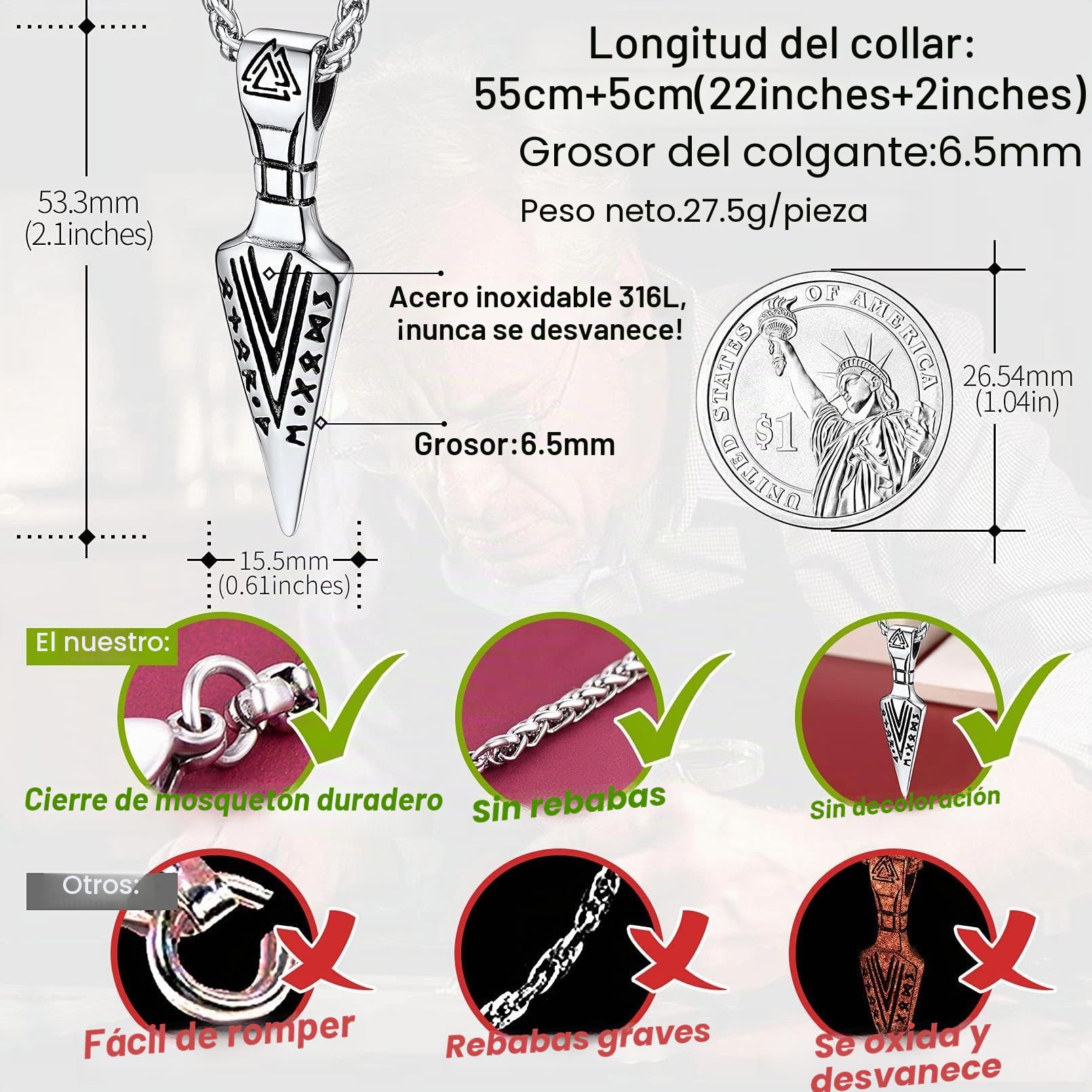 FaithHeart Collar Vikingo Colgante Hombre Vegvisir Vikingo Flecha Acero Inoxidable 316L Talismán Nórdica Joyería Protección Familia