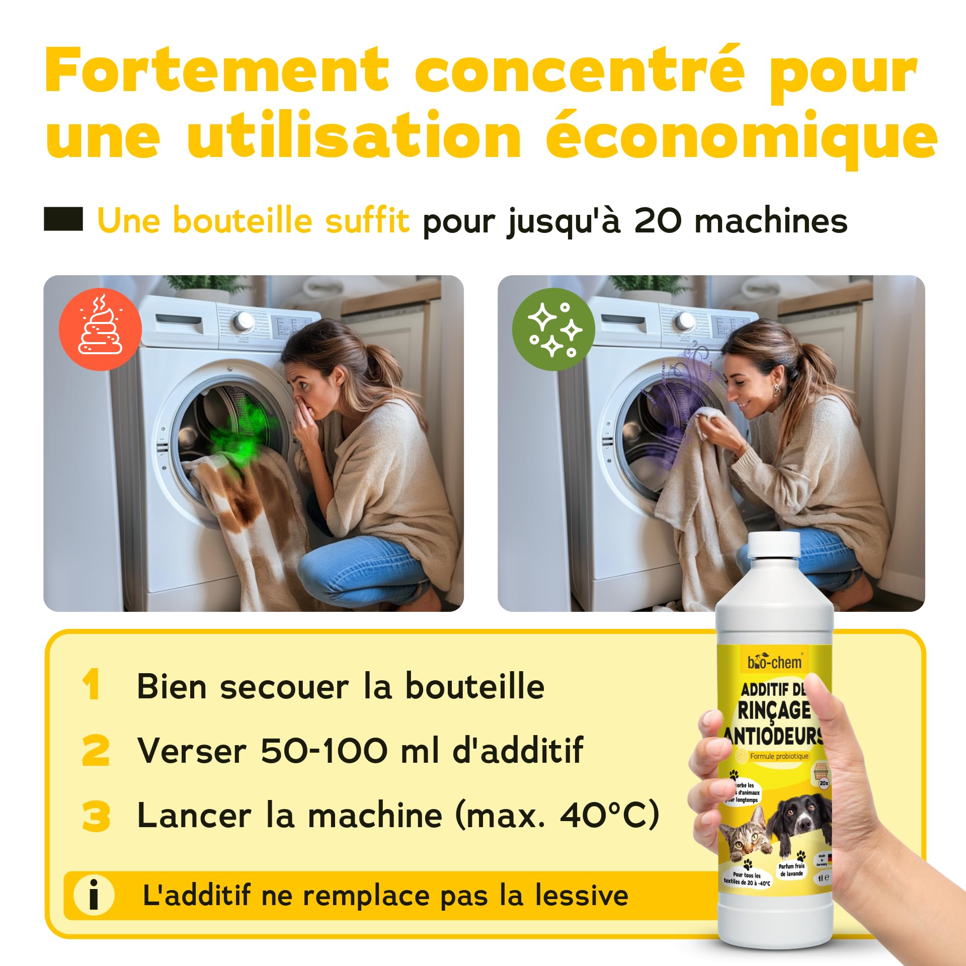 bio-chem Adoucissant anti-odeurs pour linge 3L | Assainit et rafraîchit les textiles - Additif de rincage compatible avec toutes les lessives et textiles