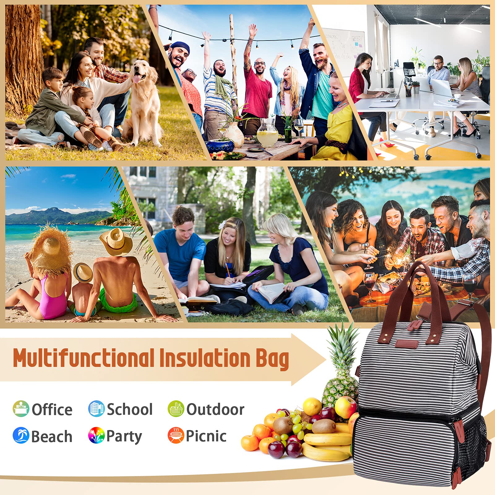 20L Sac à Dos Isotherme à Glacière Cooler Backpack Bag, Sac Isotherme Repas Portable Double Couches pour Hommes et Femmes, Sac à Dos Déjeuner pour Plage, Pique-Nique, Voyages, Camping