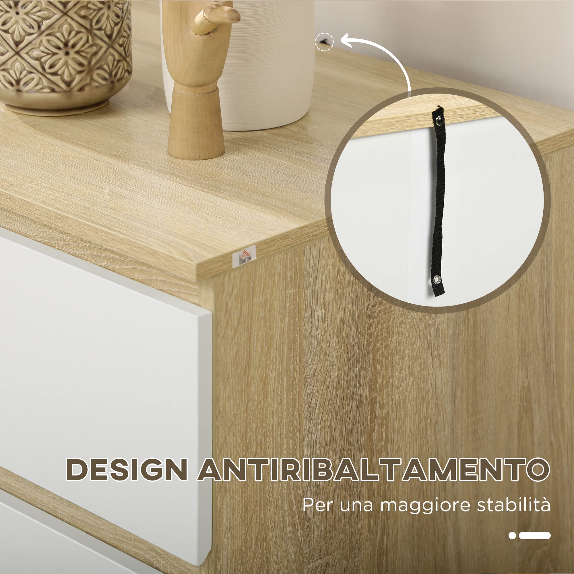 HOMCOM Cassettiera 6 Cassetti Moderna in Legno, Mobile Cassettiera per Camera da Letto 135x48x77cm, Bianco e Legno