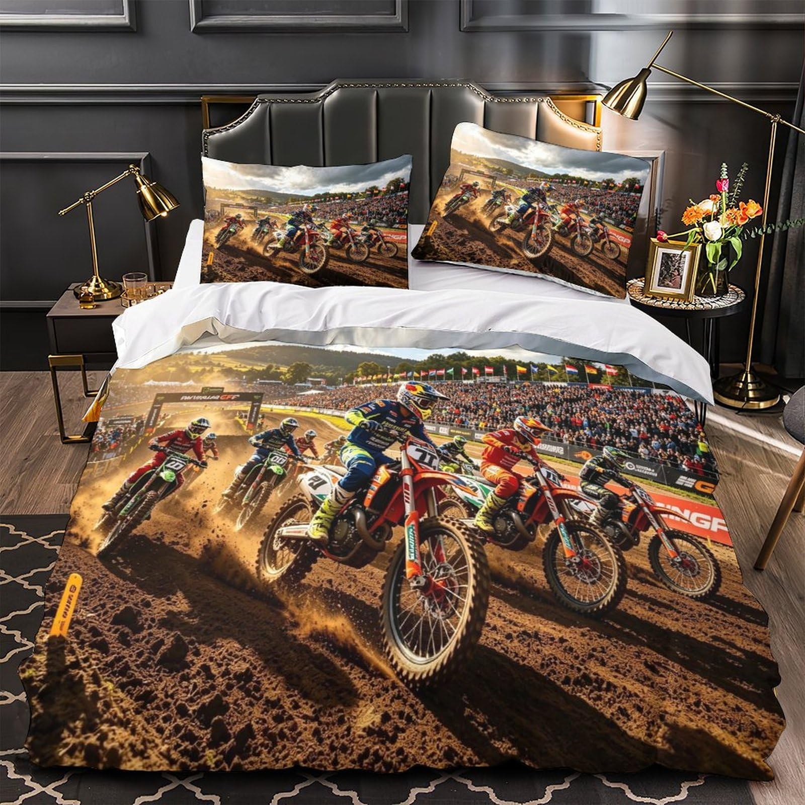 XiaopangXY Dirt Bike Duvet Cover Single（140x200cm）, Finesse Bed Set with Pillowcase Microfiber 3D Printed Motorcycle Race Quilt Cover with Zipper Closure for Childs & Adults