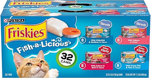 Purina Friskies - Paquete variado de alimentos húmedos para gatos trituradores Fish-A-Licious filetes Prime Tasty Treasures 32 latas de 55 onzas