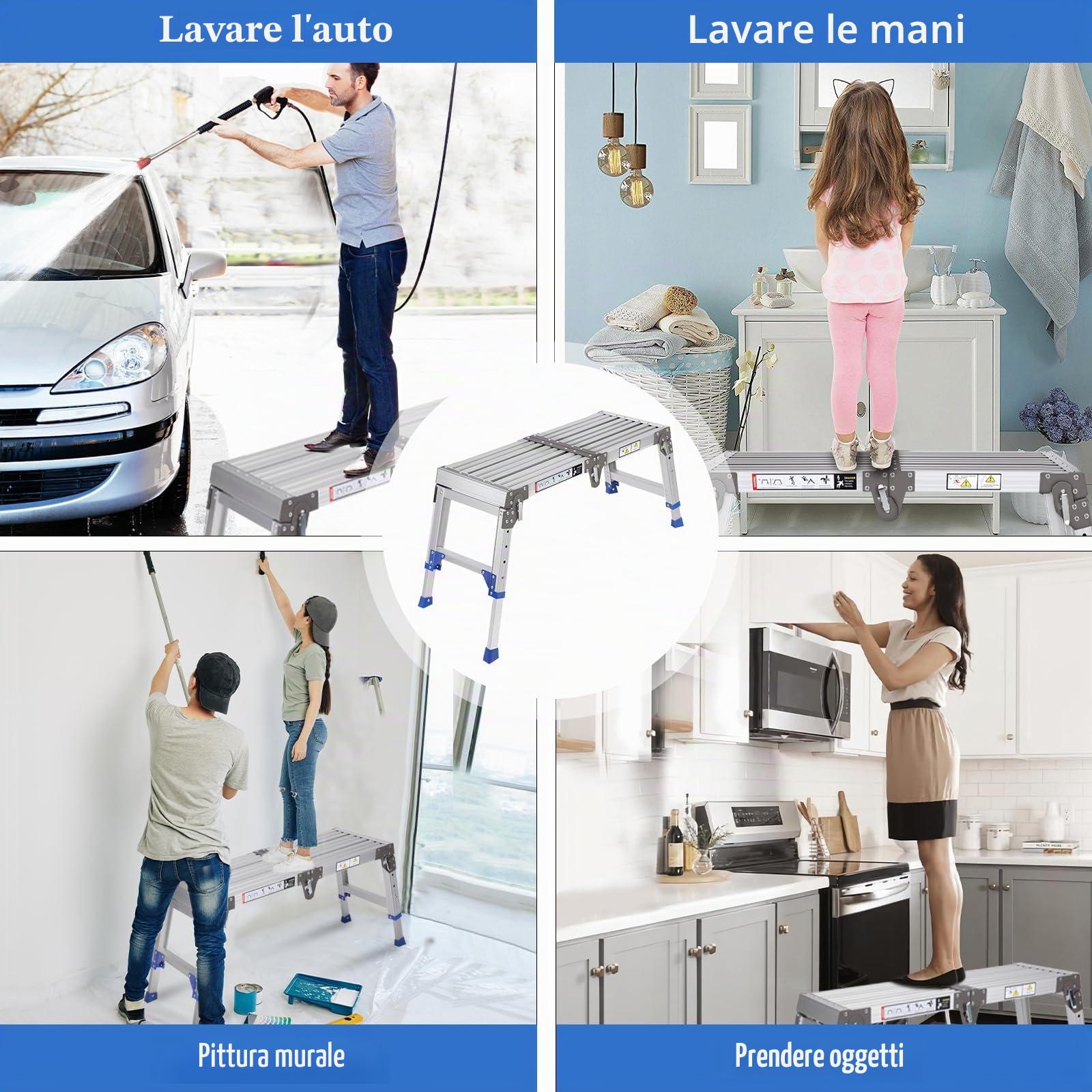 Piattaforma di lavoro in alluminio migliorata, pieghevole fino a 362 kg, piattaforma di lavoro, scala a gradini regolabile in alluminio, scala con piattaforma con serrature di sicurezza, pianerottolo