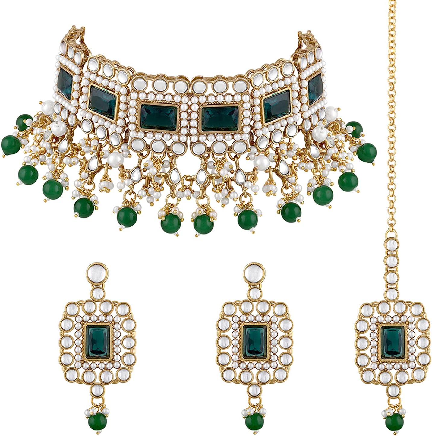 Aheli Traditional Ethnic Kundan Pearls Bridal Choker Necklace Earring Maang Tikka Indian Bollywood Jewelry Set Gift for Women Green