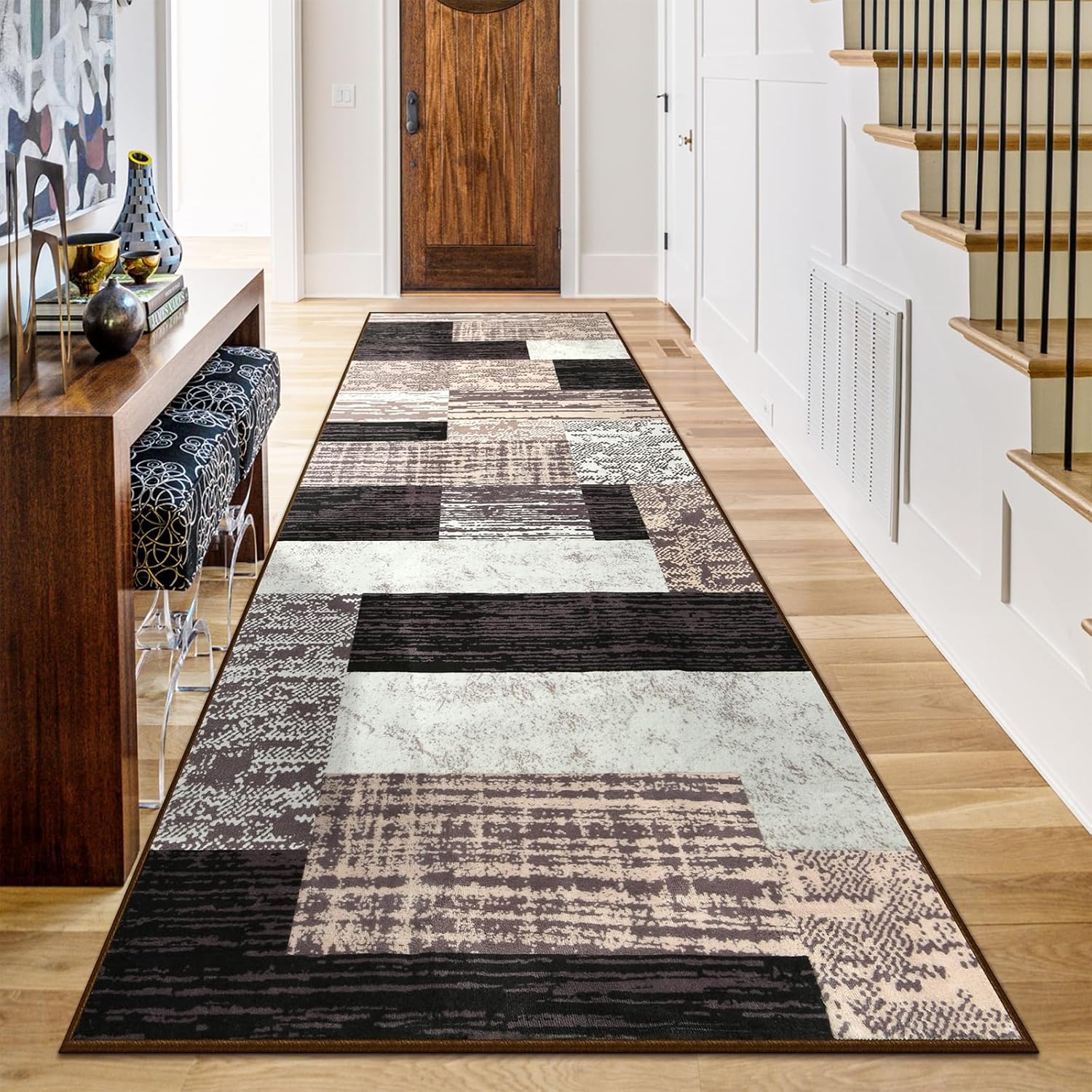 Indoor Runner Rug, Washable Runner Rug with Rubber Backing, Modern Geometric Patchwork Aesthetic Carpet for Bedroom, Living Room, Hallway, Entryway, Washable Rug Rockwood Collection, 2x6 Ft Chocolate - Image 7