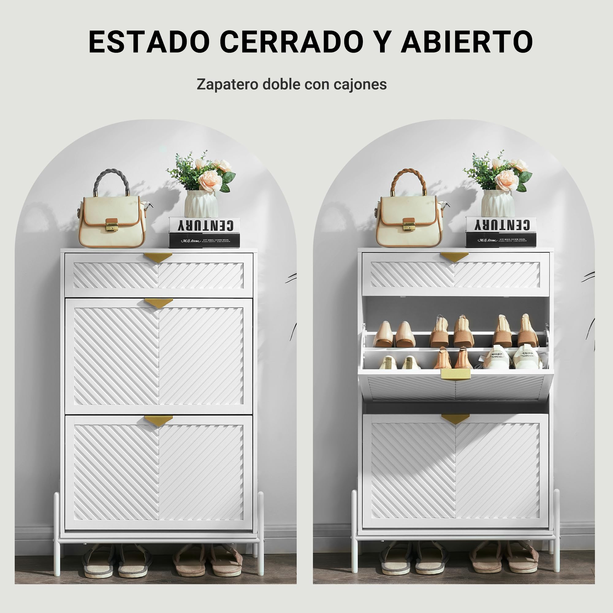 Armario Zapatero Estrecho 2 Cajones Abatibles Recibidor, Blanco | Veta madera inclinada, independiente, compartimentos ajustables, estante central extraíble, tiradores dorados, pasillo, hall