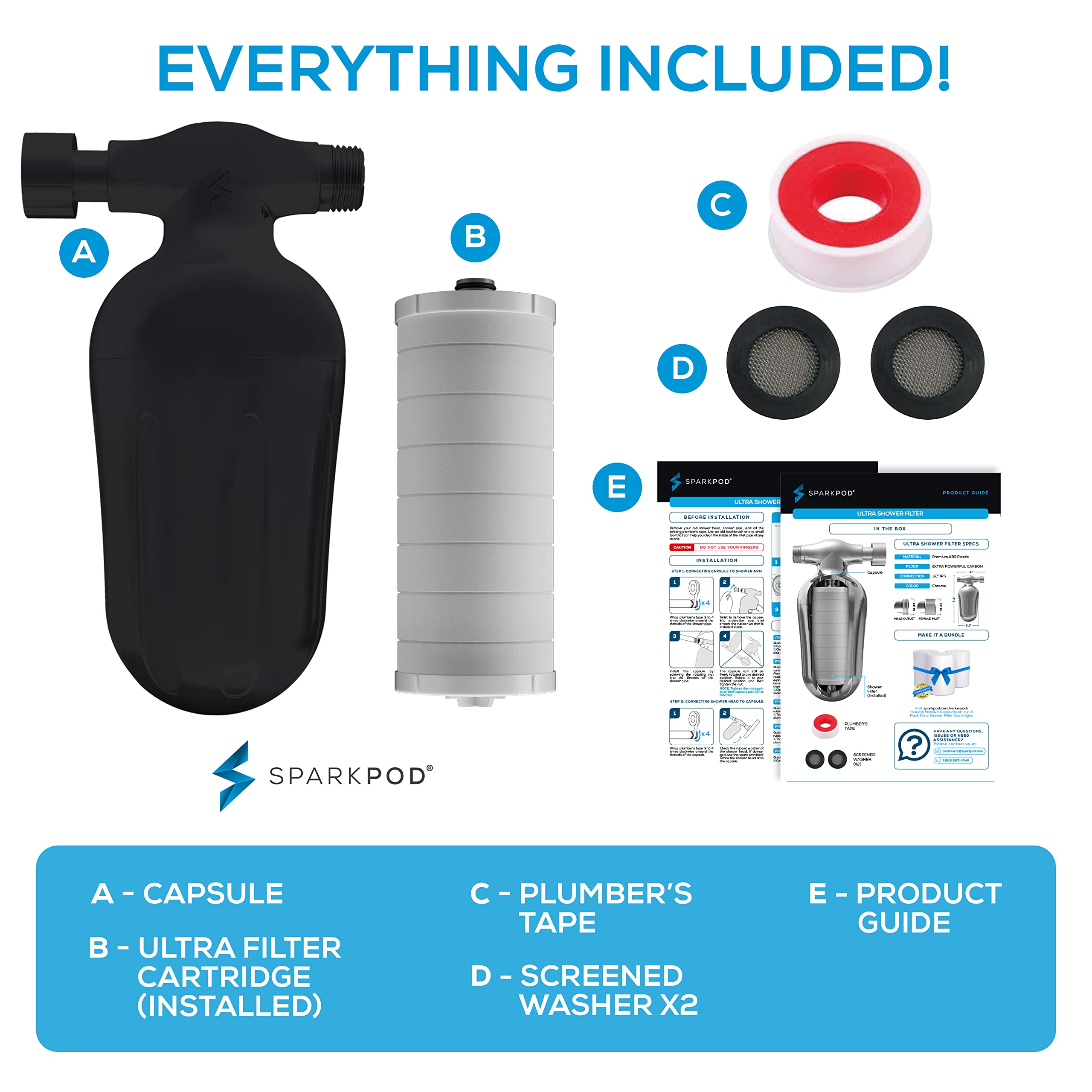 SparkPod Filtro de agua y cartucho para cabezal de ducha, filtro de ducha de 150 etapas, hasta un 95% de cloro y eliminación de metales pesados, para cabello y piel suaves, negro medianoche mate