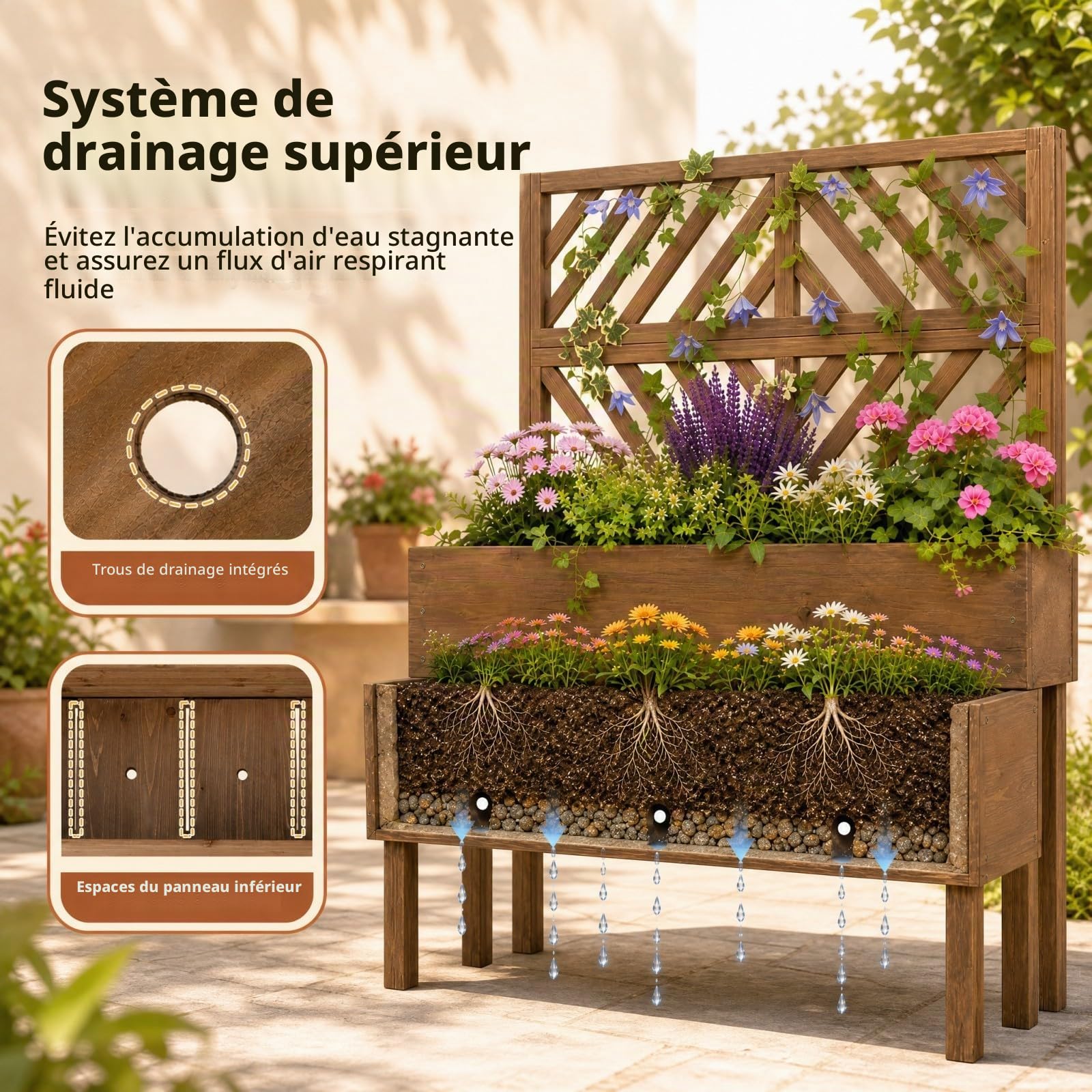 HOMASIS Jardinière avec grille en bois pour l'extérieur, treillis à 2 étagères, plantes grimpantes en sapin, drainage, 109 x 62 x 135