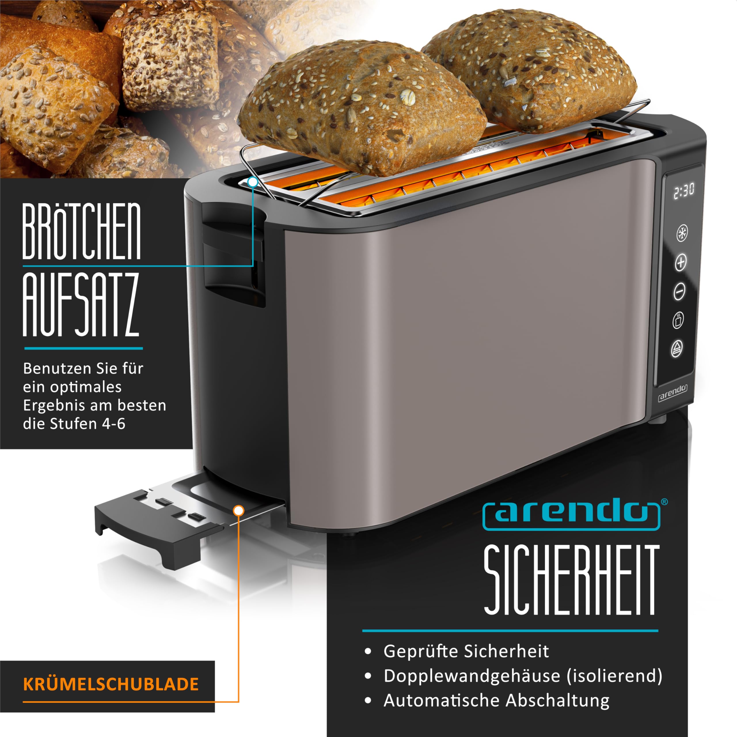 Arendo Küchen Set Edelstahl Wasserkocher Temperatureinstellung Toaster Langschlitz 4 Scheiben Touchpanel LED Display