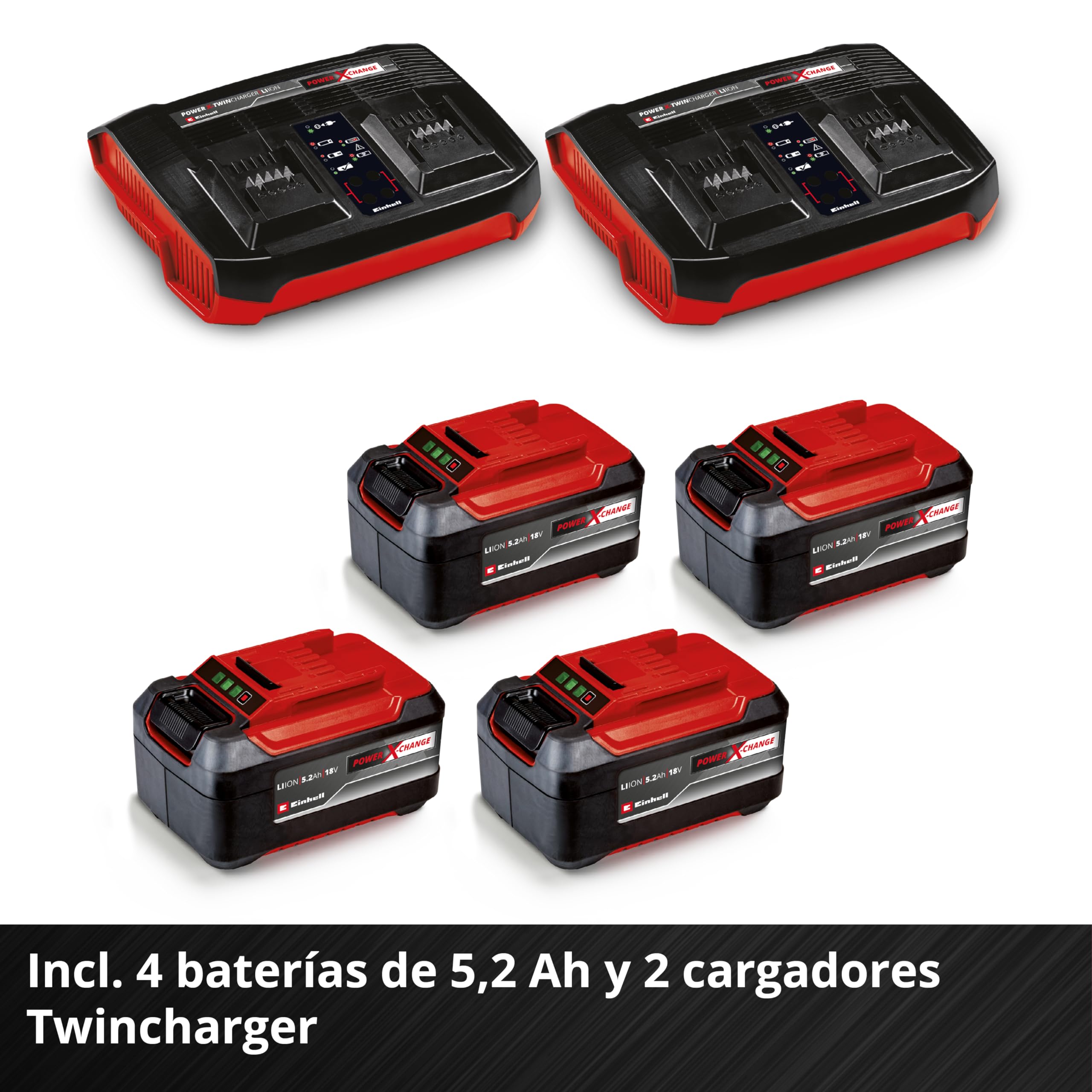 Einhell Kit cortacésped con batería GP-CM 36/52 S Li BL Power X-Change (36V, 52cm de Ancho de Corte, hasta 1200m2, sin escobillas, Cesta 65L, accionamiento de Ruedas, Incl. 4X5,2Ah + 2 Twincharger)