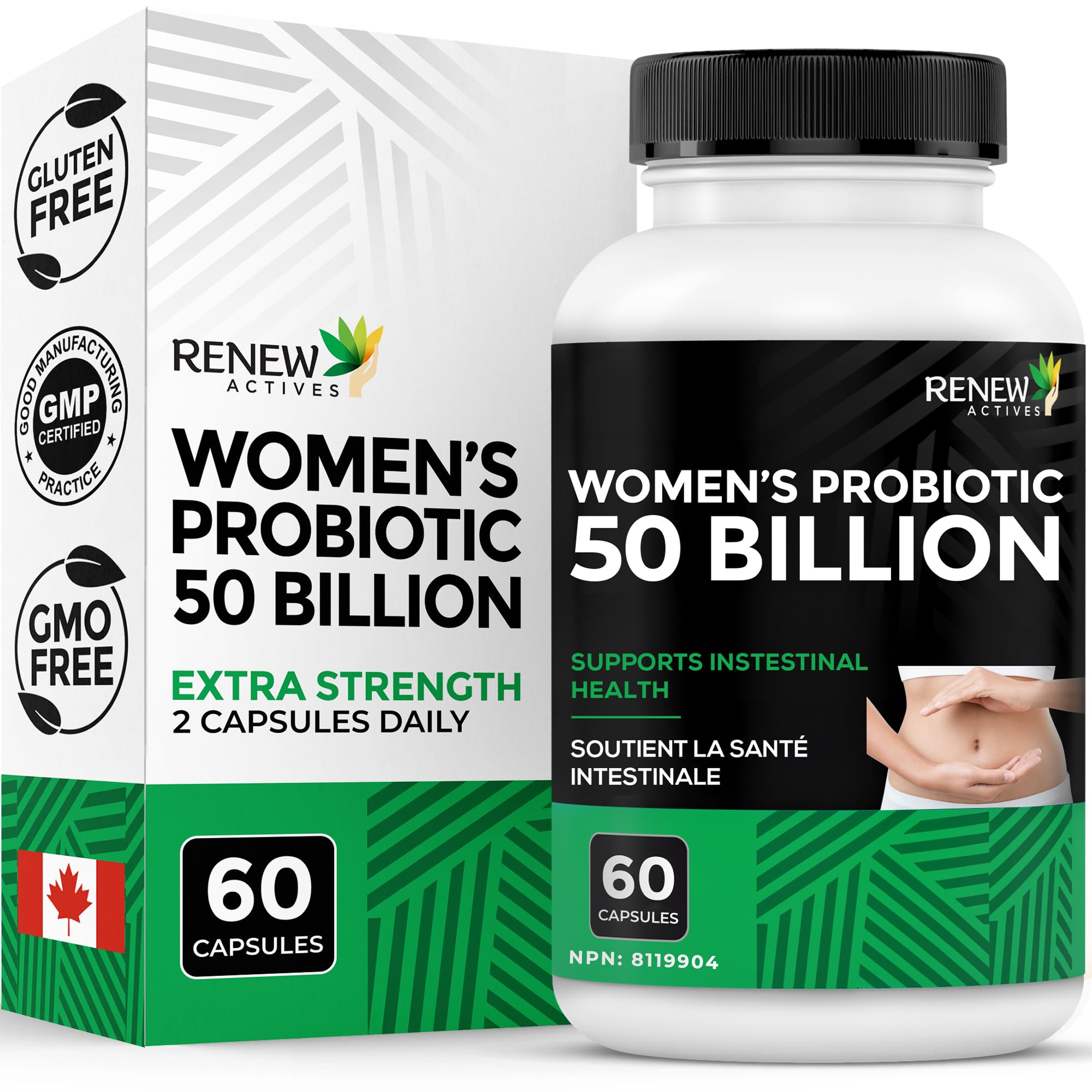 RENEW ACTIVES Probiotics for Women 50 Billion CFU per 2 Capsules – MAKTREK Technology, 4 Probiotic Strains & Prebiotic Blend– Supports Digestion Health & Gut Flora Balance– Made in Canada– 60 Capsules