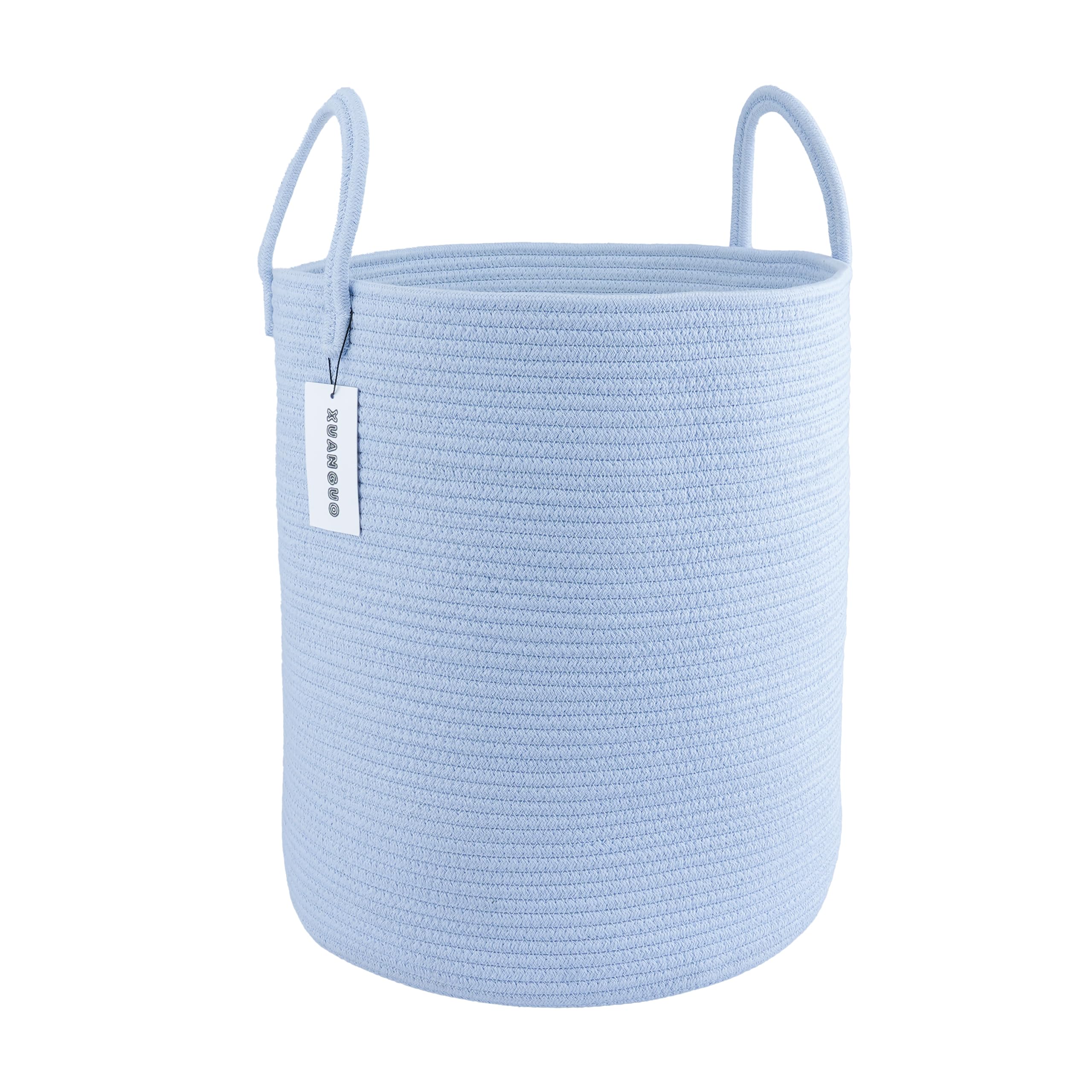 XUANGUO Cotton Rope Laundry Basket Hamper for Clothes Woven Storage Basket for Living Room Bedroom Boho Tall Rope Baskets for Blanket Toys Pillow Towels Baby Nursery Hamper Bin light blue