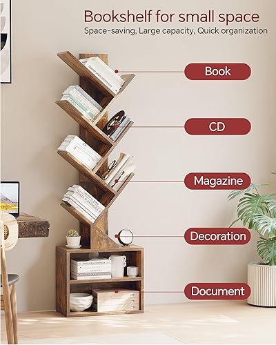 Miniatura 7 de SUNMORY Estantería de árbol de 6 niveles, estantería pequeña con armario de almacenamiento, organizador moderno de estantes altos y estrechos,