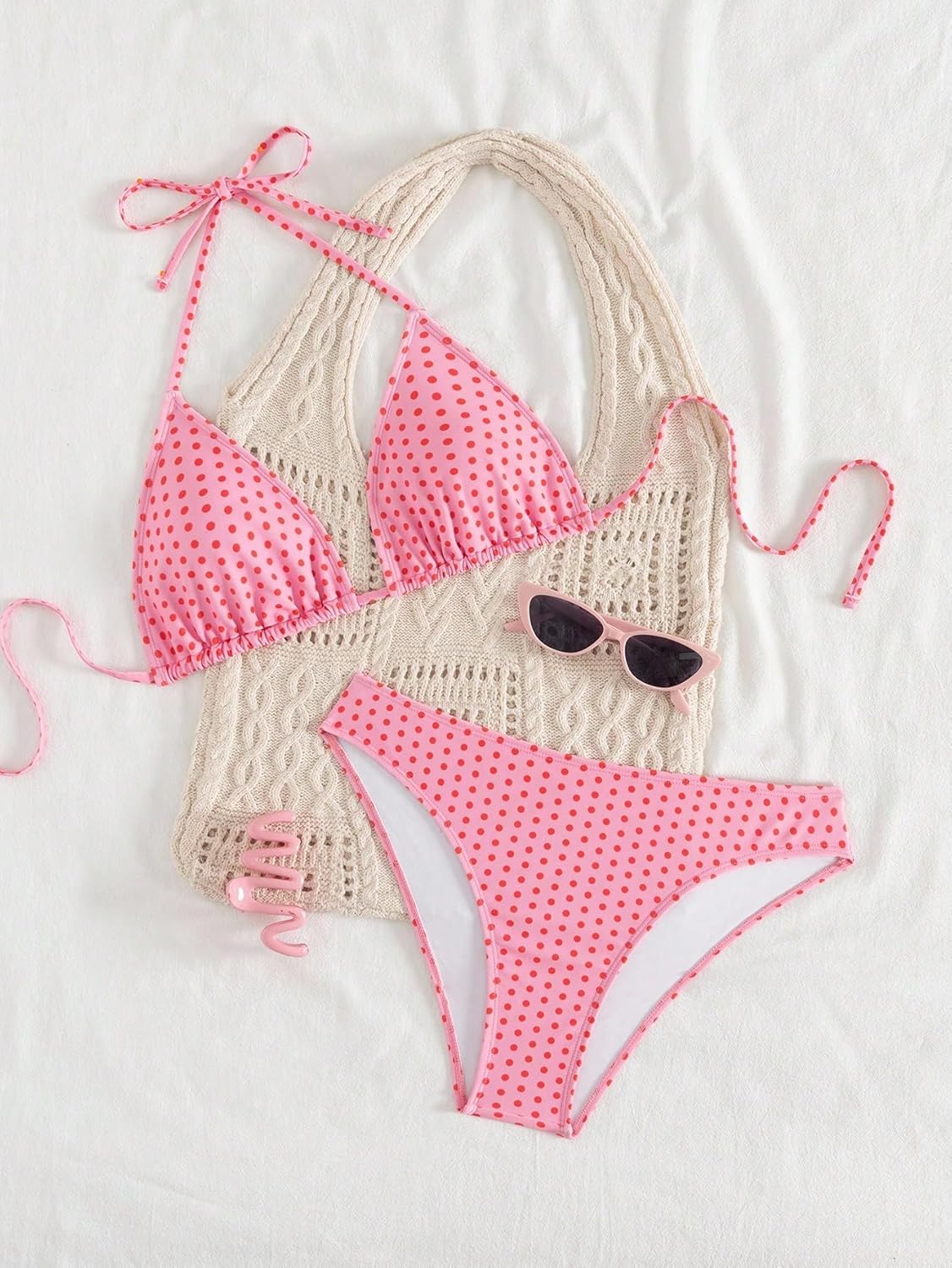 QJQ Women's 2 Pieces Polka Dots Thong Bikini Set Halter String Triangle Bathing Suits Sexy Cheeky Swimsuit