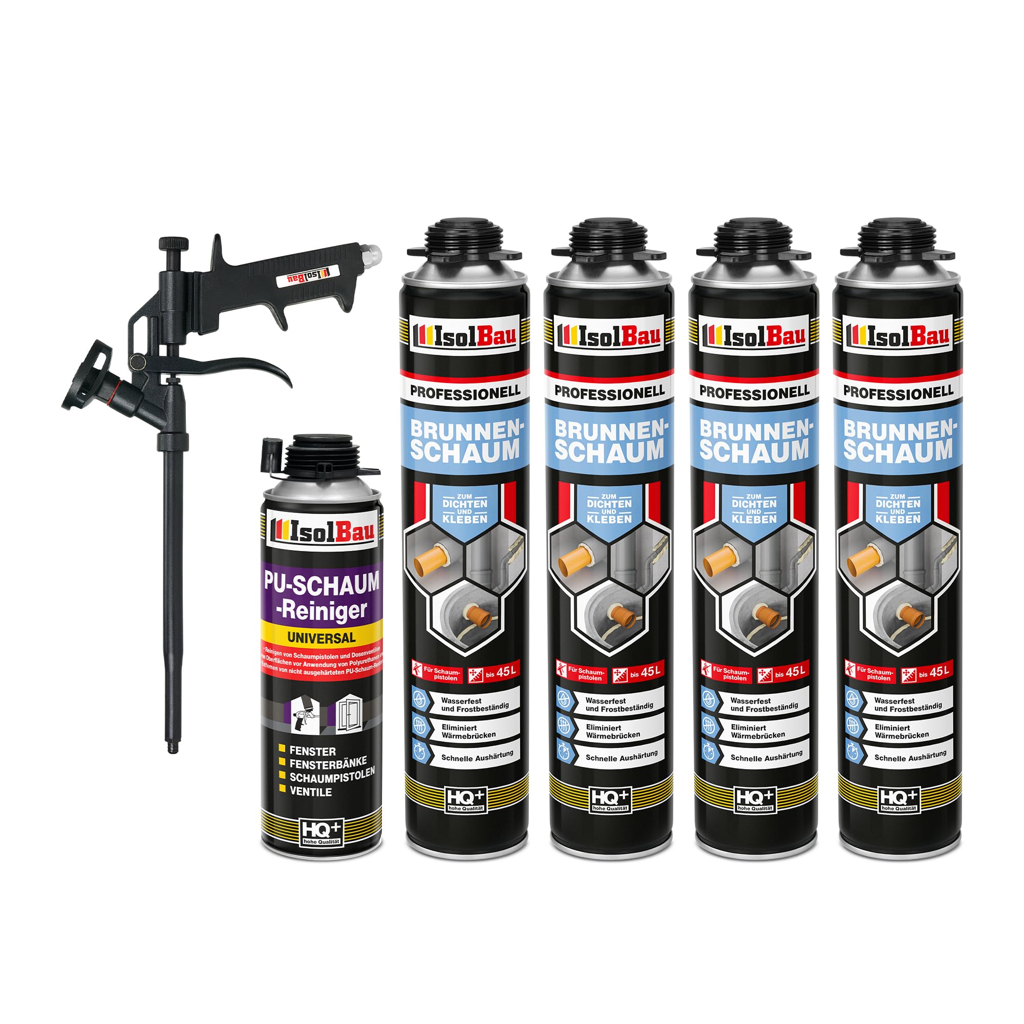 Isolbau Mousse de construction 1K étanche pour fontaine - Pour l'extérieur et l'intérieur - 4 mousses de montage de 750 ml - 1 nettoyant pour mousse polyuréthane et 1 pistolet à mousse - Mousse