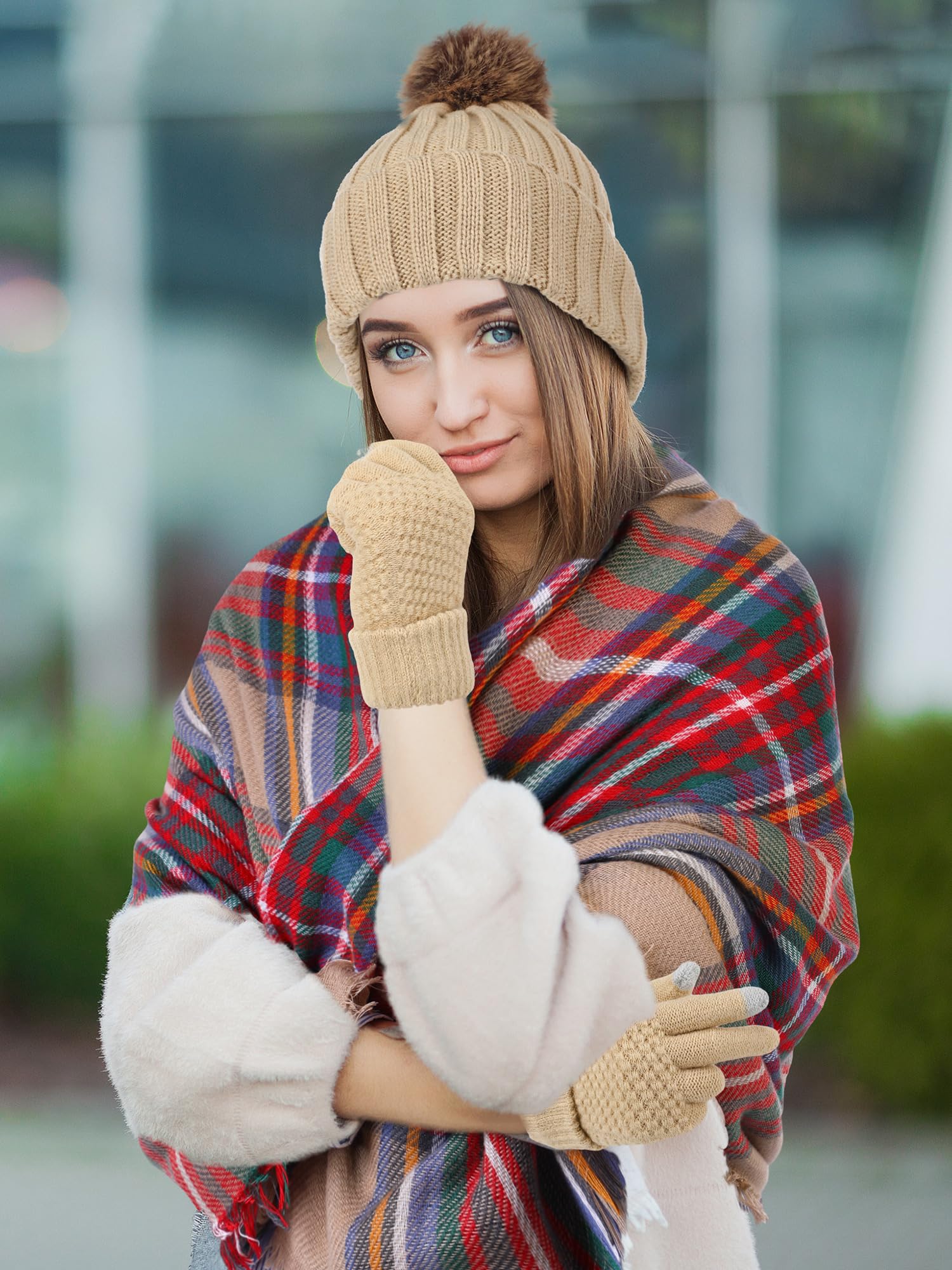 Suhine 9-teiliges Damen-Winter-Set, warme Strickmütze, Mütze mit Bommel und Touchscreen-Handschuhen, kariert, Schal, Decke für Damen und Herren, Winter