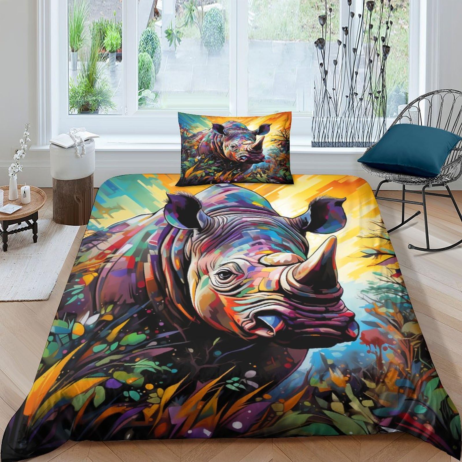 Housses de couettes rhinocéros 3D microfibre parure de lit 135x200 fermeture éclair zippée