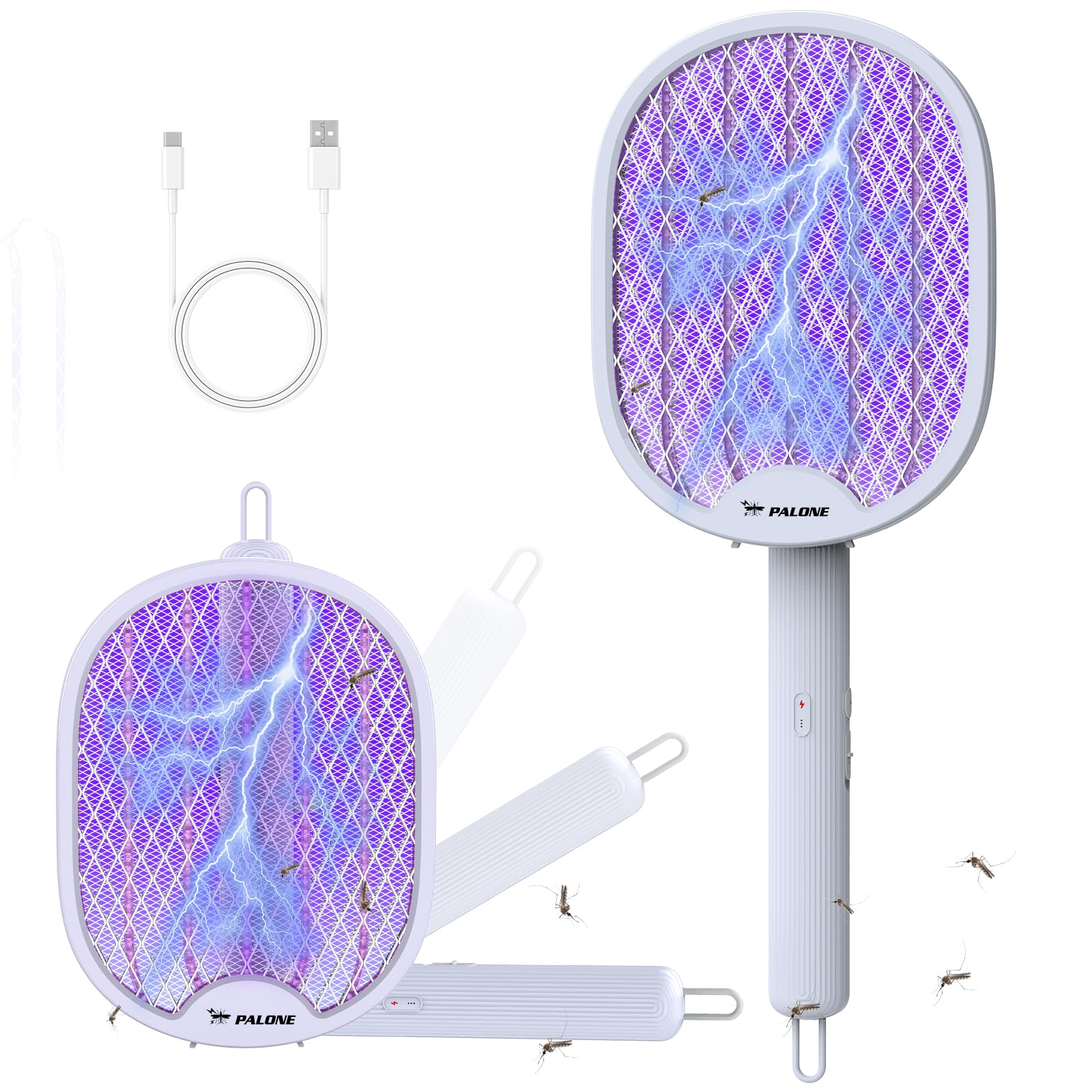 PALONE Bug Zapper Electric Fly Swatter, Foldable Fly Zapper, 4000V Mosquito Killer with 3 Layer Nets, USB-C Fly Killer Flying Insects Control for Indoor Home and Outdoor