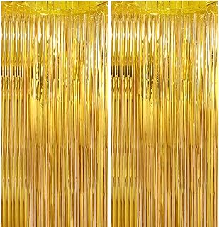 2 Pack 3.2 ft x 9.8 ft Golden Tinsel Curtain Party Backdrop Decorations, Metallic Foil Fringe Backdrop Door for Halloween, Christmas, Birthday Graduation Wedding Party Streamers Photo Backdrop.