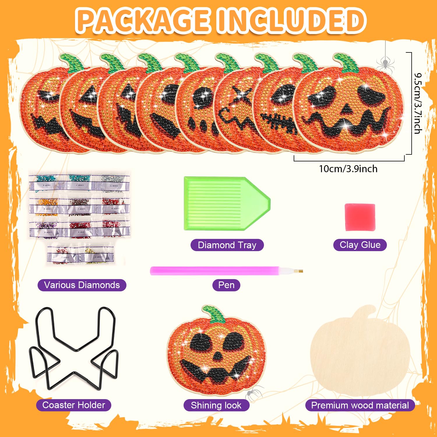 Lot De 8 Dessous De Verre D'art Diamant D'Halloween Avec Support