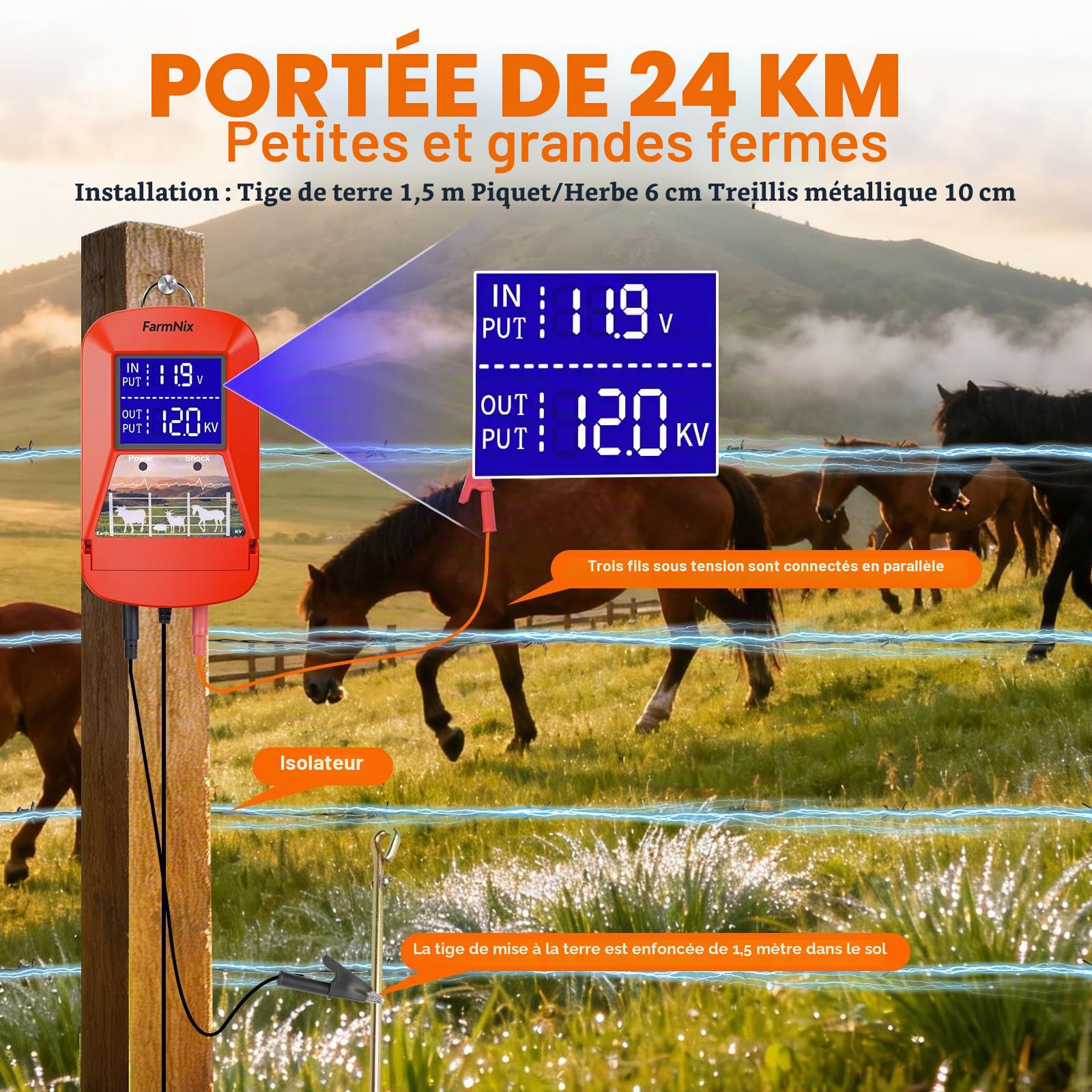 Électrificateur de clôture électrique 12 V avec affichage LED, 3J 230 V pour une portée de 24 km, plusieurs options d'alimentation (secteur/batterie/solaire), chargeur de clôture électrique