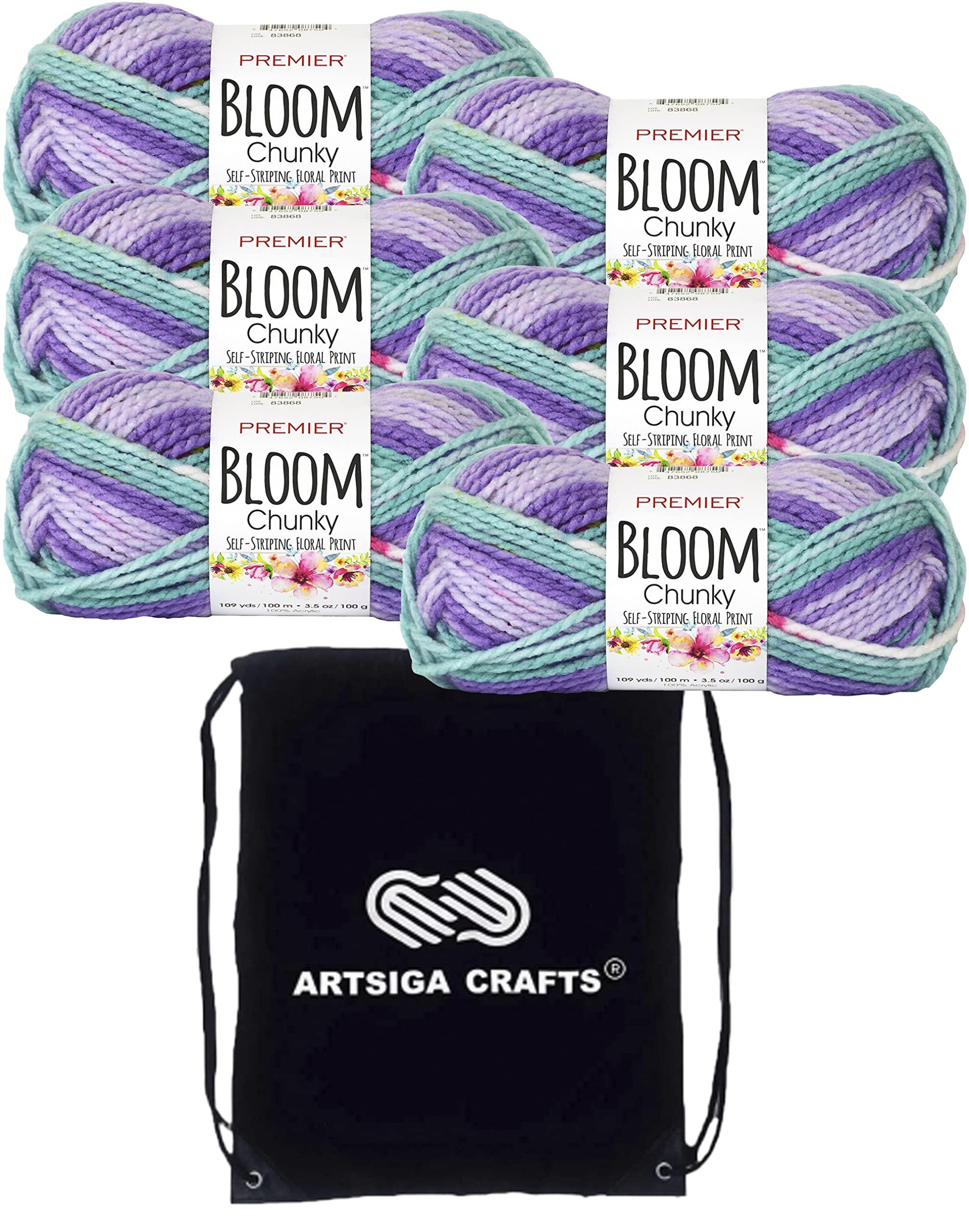 Premier Yarns Bloom Chunky Wildflower 1114-10 (6-Skeins - Same Dye Lot) Chunky Bulky #5 Acrylic Yarn for Crocheting and Knitting with Project Bag
