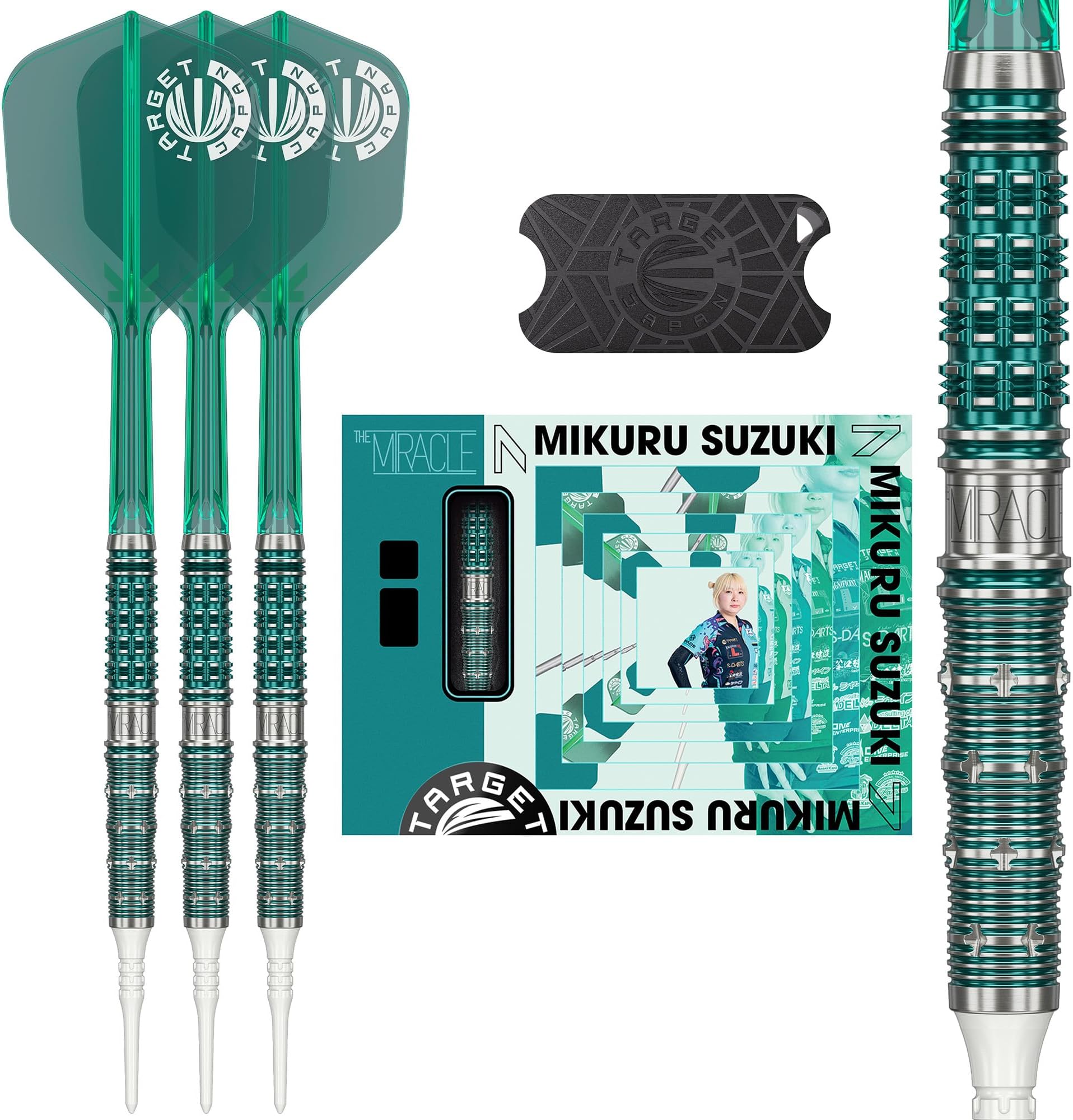 Target Japan The Miracle G7 Soft Tip Darts with Kflex, 21.5G | 95% Tungsten Dart Set, K-Flex Wings and Shaft No.6, 2BA Pixel Tips, Player Mikuru Suzuki Gen 7 Storage Tin