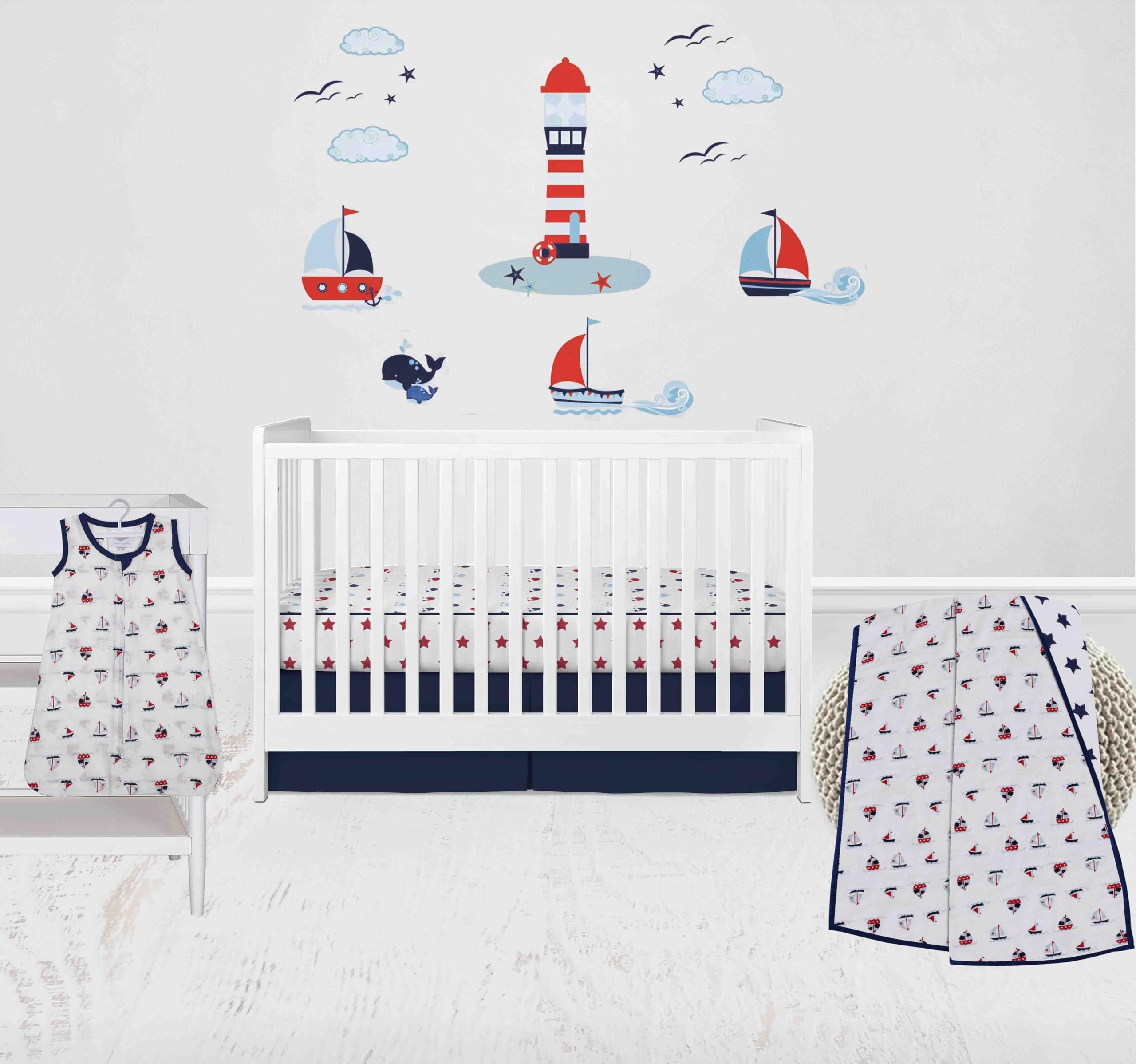 Bacati - Boys 100 Percent Breathable Cotton Muslin 4 Piece Nursery Baby Crib Bedding Set for Boys/Girls US Standard Crib (Boats/Whales Blue/Red)
