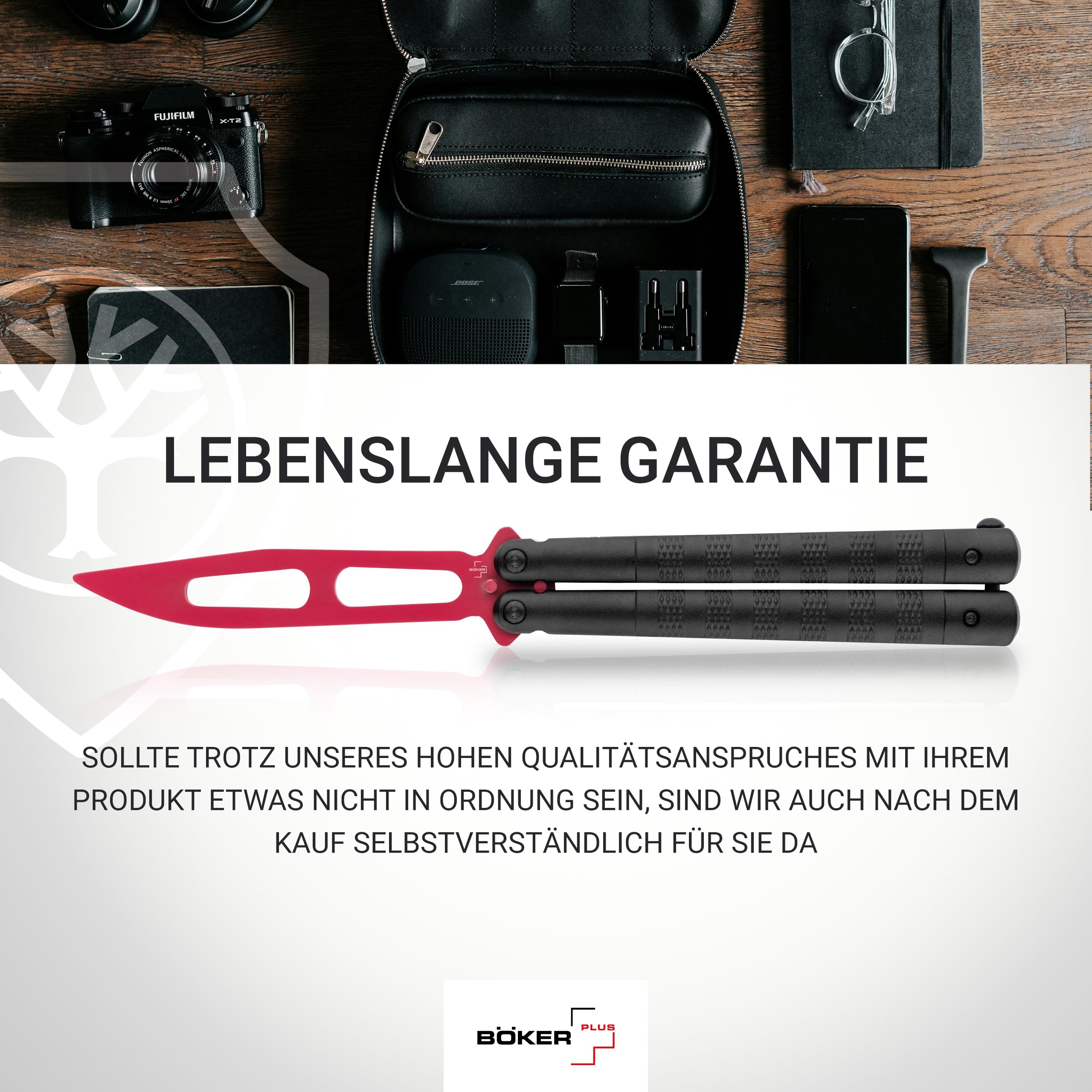 Böker PLUS® Relack Trainer – legales Balisong Trainingsmesser mit schwarzem Alu-Griff - Übungs-Messer mit roter Dummy Klinge ungeschärft - hochwertiges Butterfly Trainer Messer