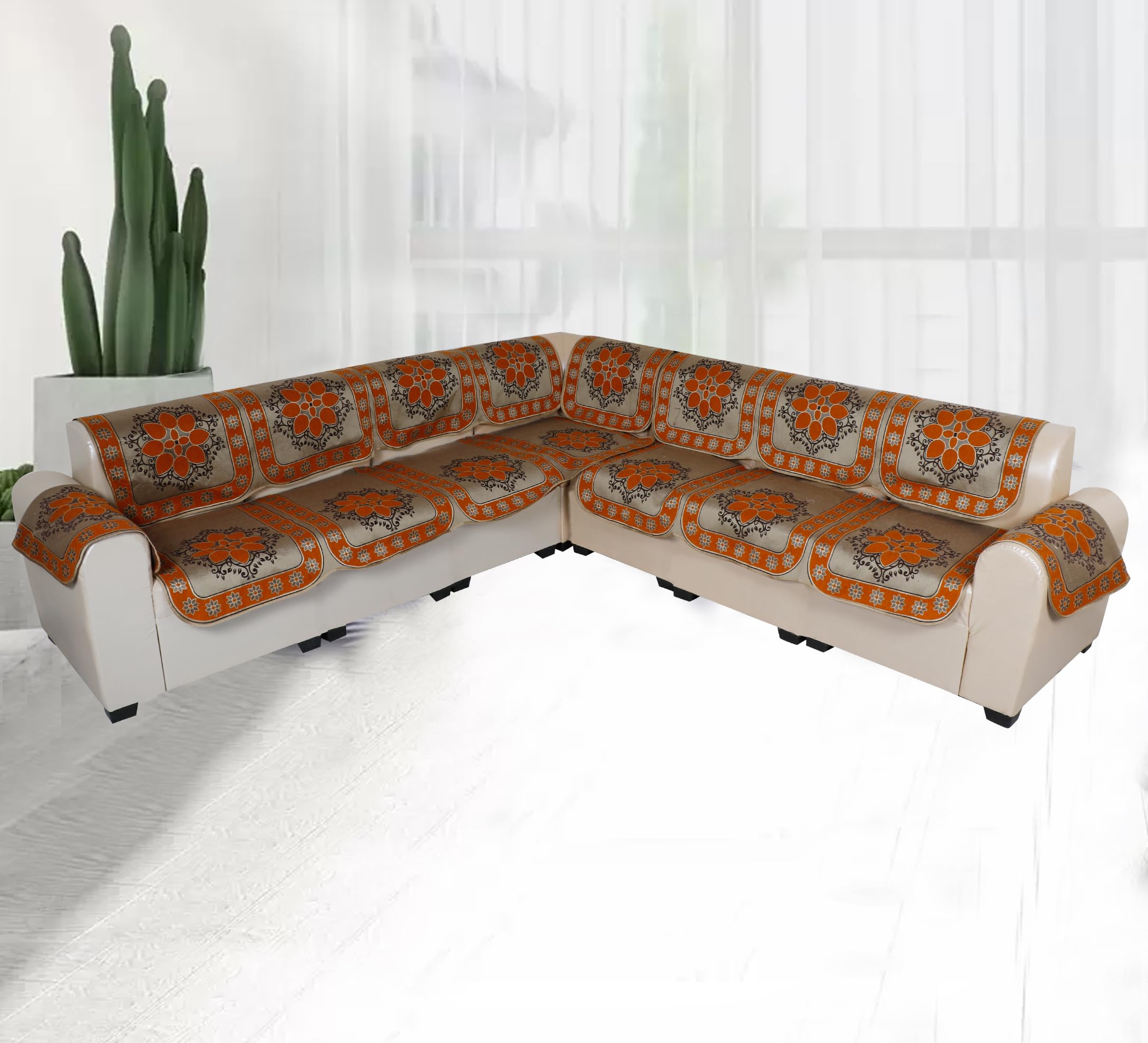 A.P HANDLOOM Sofa Covers for L Shape Sofa Set. 7 Pcs Sofa Slipcovers for 3 + 2 Seaters Sectional Chaise Slipcover Mustard