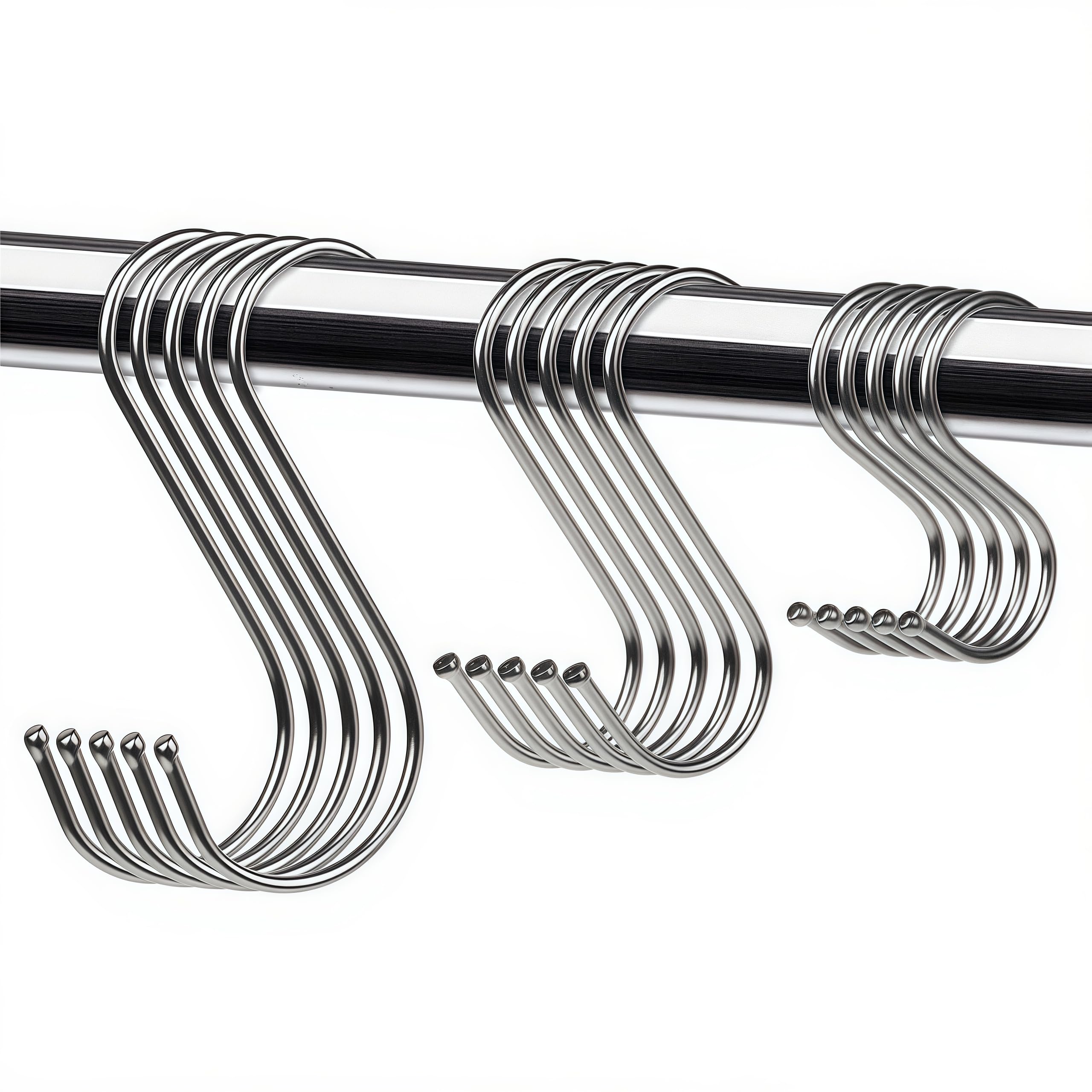 Lifreer 15 Pack S Hooks Stainless Steel S Shaped Hooks for Hanging Mixed Size Heavy Duty Multifunctional S Hanger Hooks for Kitchen, Bedroom, Bathroom, Office -3 Sizes