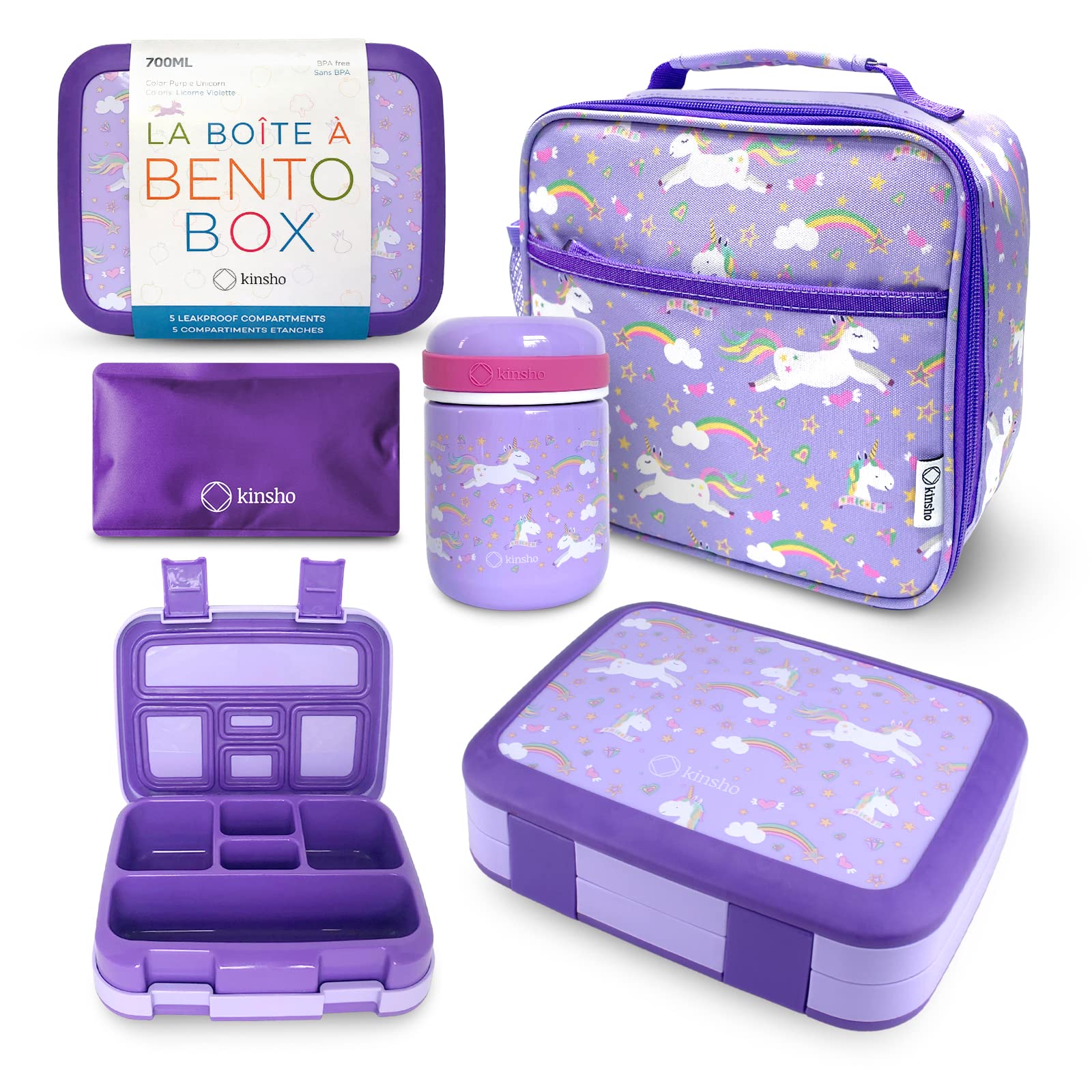 kinsho Bento Box for Girls Toddlers with Thermo Lunch Pack, Purple Unicorn
