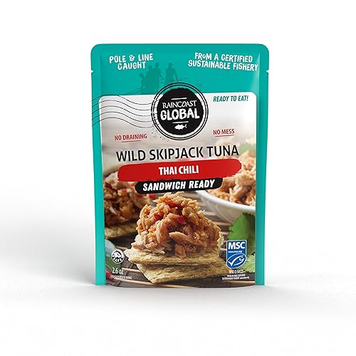 Raincoast Trading Global Wild Skipjack - Bolsas de atún con chile tailandés capturado en la naturaleza, certificado sostenible con caña y línea alta