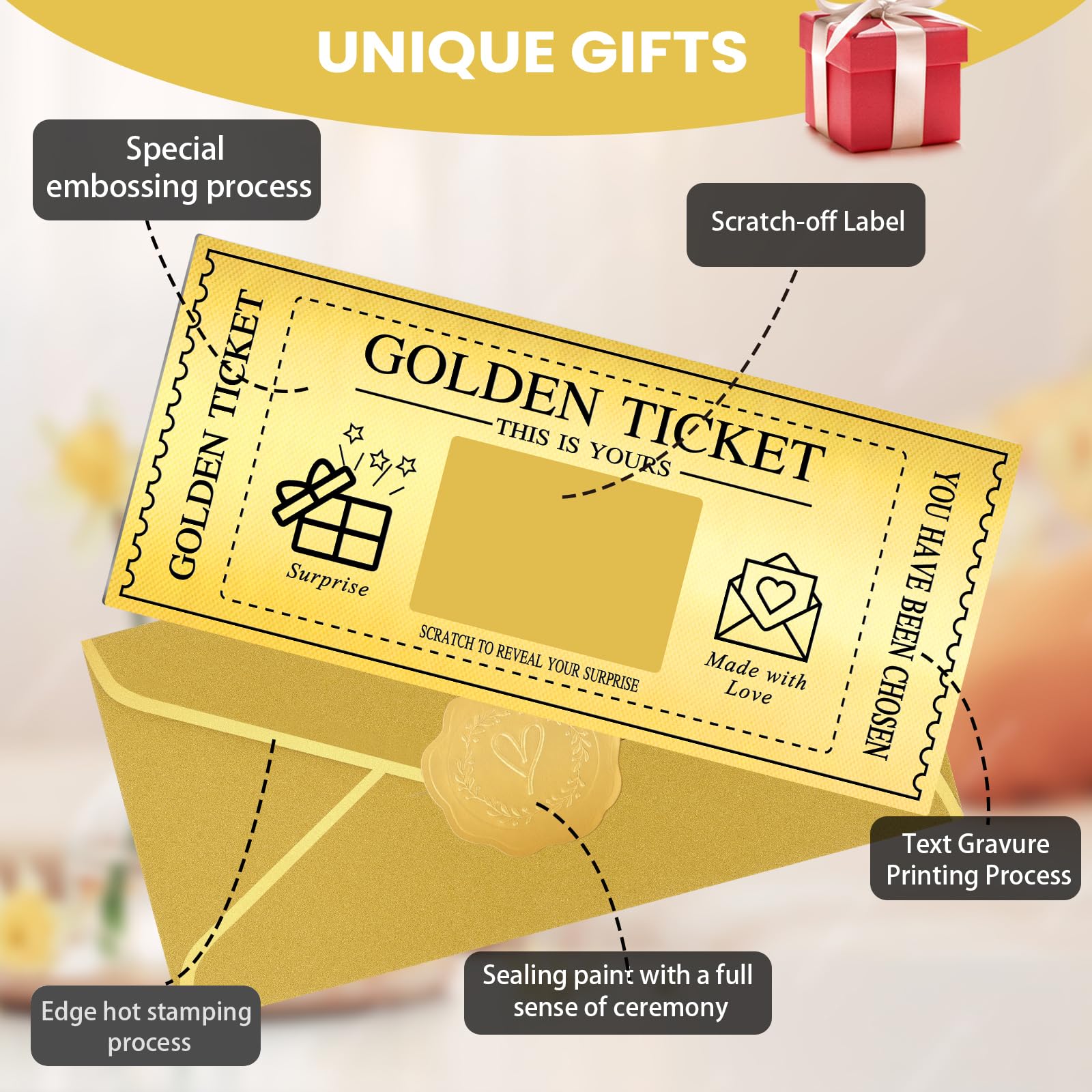 Amazon.com: 6 Sets Golden Ticket with Envelopes, Scratch off Card